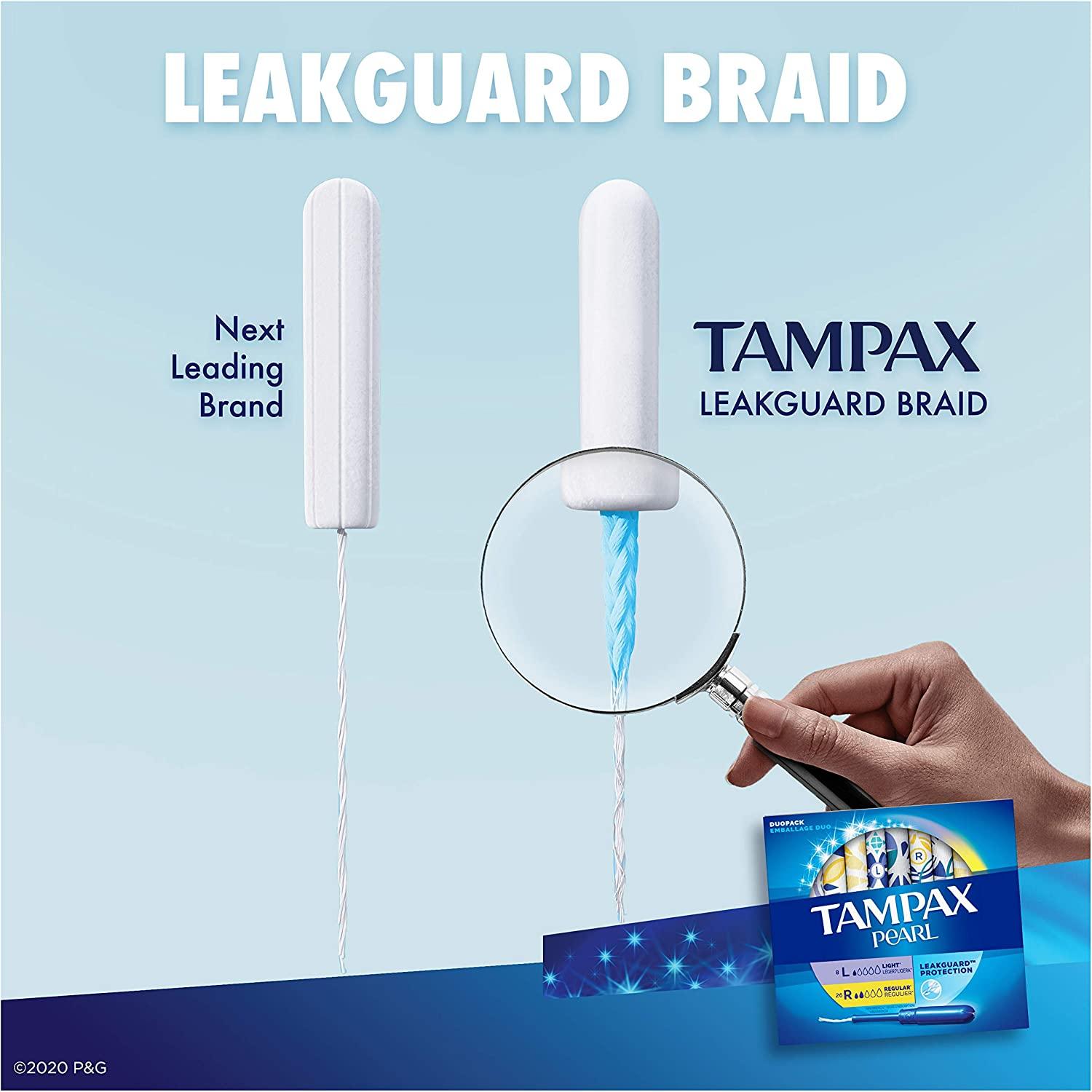 Tampax Pearl Tampons, Light/Regular Absorbency with Leakguard Braid, Unscented, 34 Count, Pack
