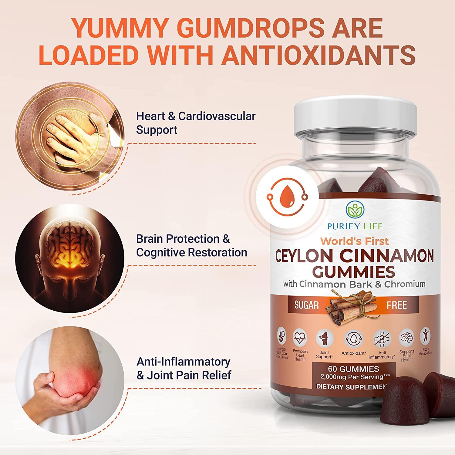 SugarFree Ceylon Cinnamon Gummies 2000mg/Serving for Lower Blood Sugar & Joint Pain Vegan
