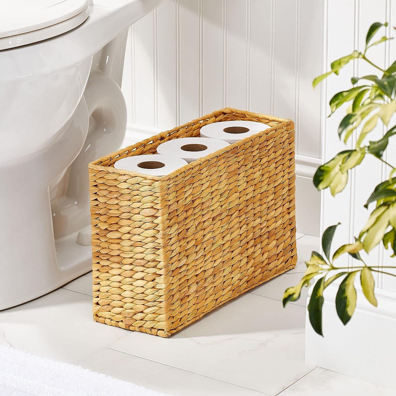 mDesign Rustic Farmhouse Rice Weave Hyacinth Toilet Paper Holder Basket -  Small Storage Organizer Tank Topper for Bathroom Counter or Top of Toilet -  Holds 6 Rolls of Toilet Paper - Natural/Tan