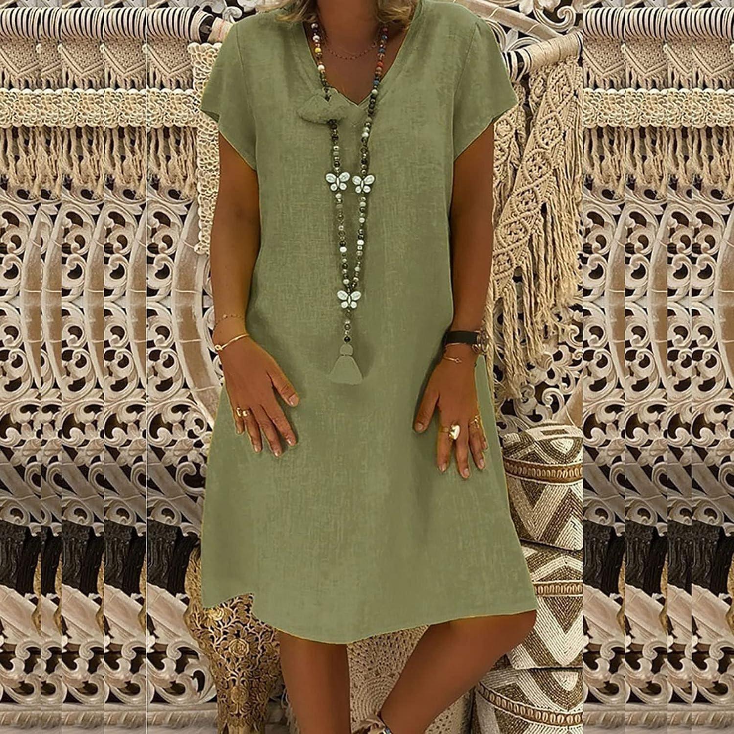 Women's Cotton Linen Embroidered Maxi Tunic Dress - Green, Plus Size Medium  | Buy Now with Express International Delivery | GoSupps.com