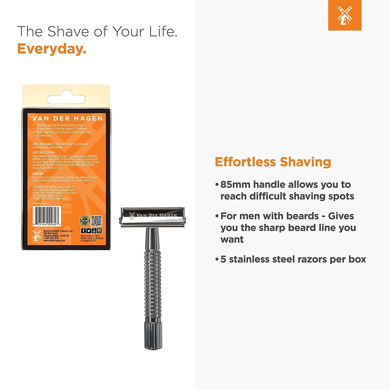 Van Der Hagen Mens Traditional Safety Razor Kit (includes 5 blades) Chrome