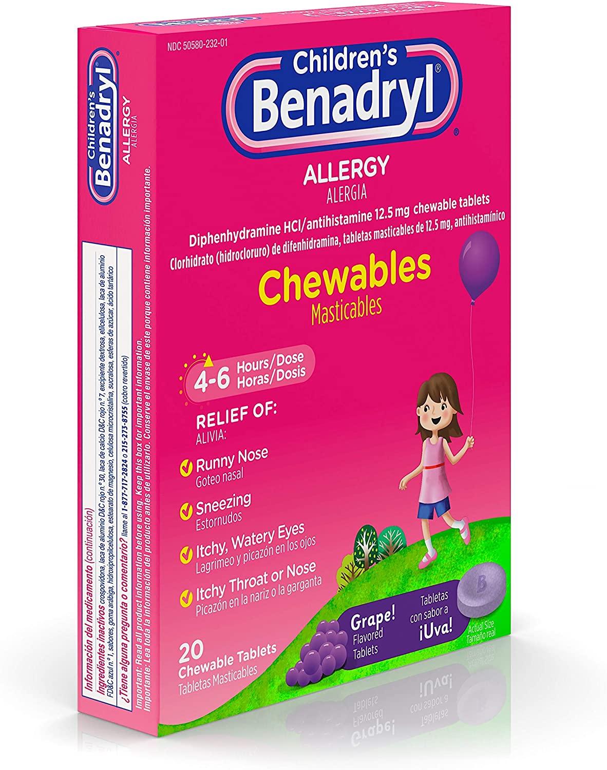 Children's Benadryl Allergy Chewables with Diphenhydramine HCl, Antihistamine Chewable Tablets