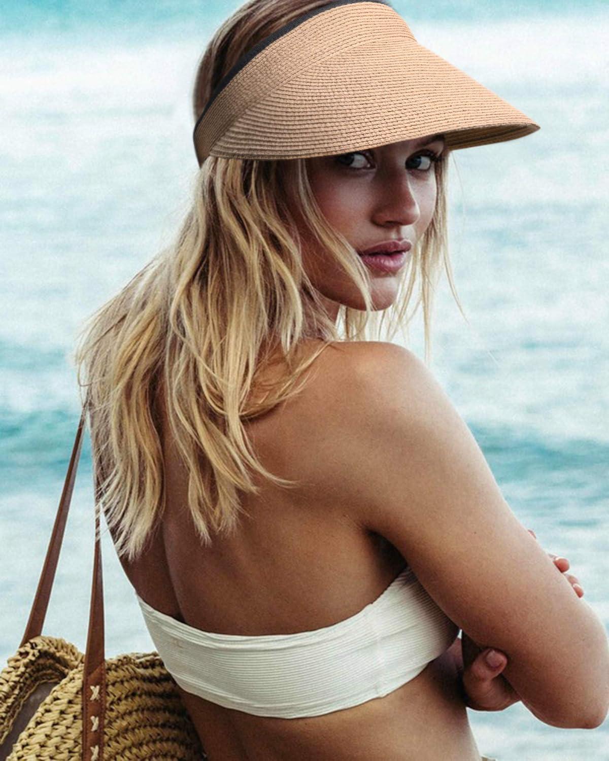 FURTALK Womens Sun Visor Hat Straw Sun Visors for Women Summer Packable  Ponytail Beach Hats for Women Travel UPF 50+ 01 Khaki One Size