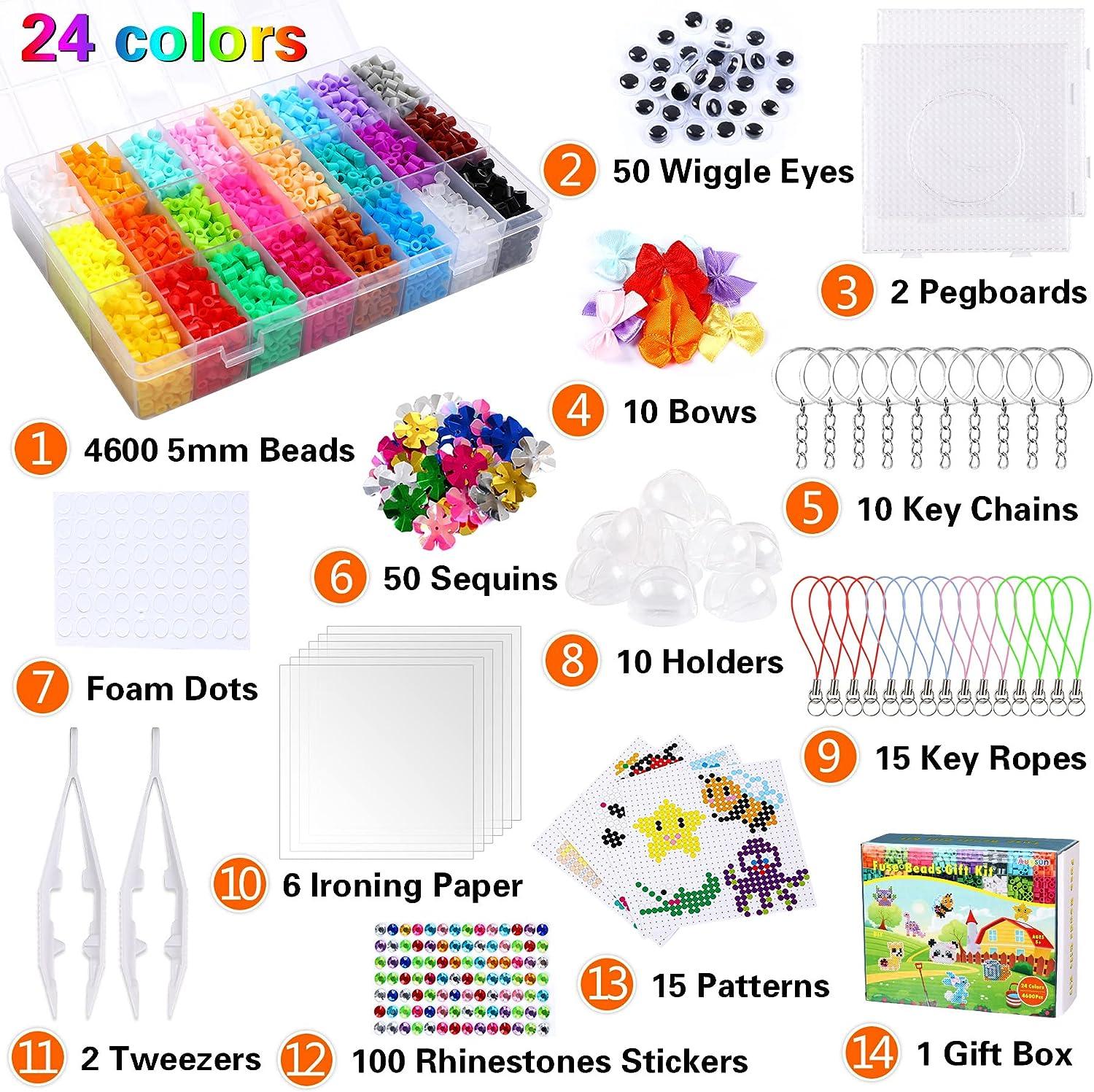 AUGSUN Fuse Beads Kit for Kids, 4600Pcs+ 24 Colors Crafting Melting Iron  Beads Set with 2 Pegboards, 15 Patterns, Ironing Paper & Wiggle Eyes  Accessories for Boys Girls Craft Making
