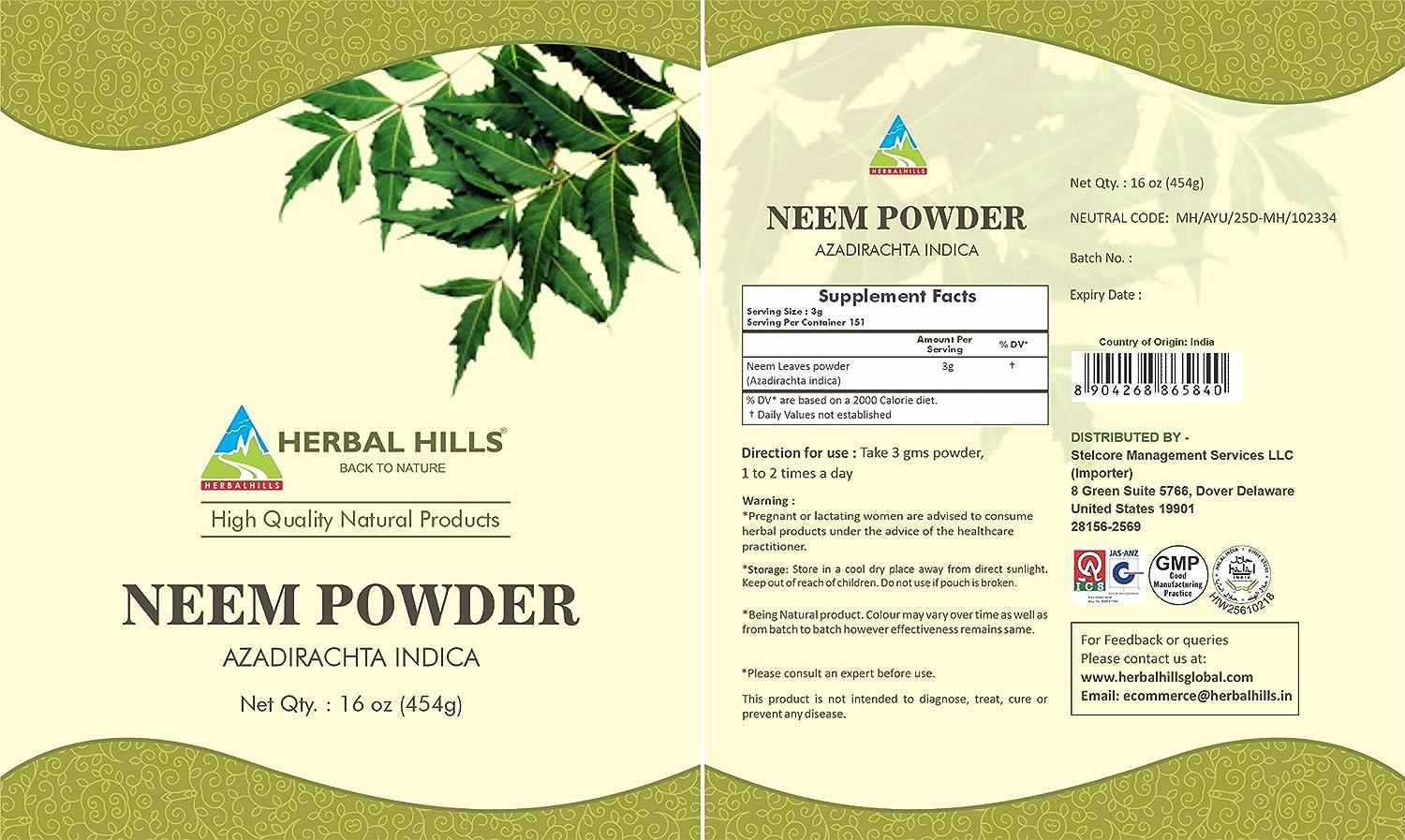 HERBAL HILLS Neem Powder (Azadirachta Indica) 454 GMS (16 oz (Pack of 1))