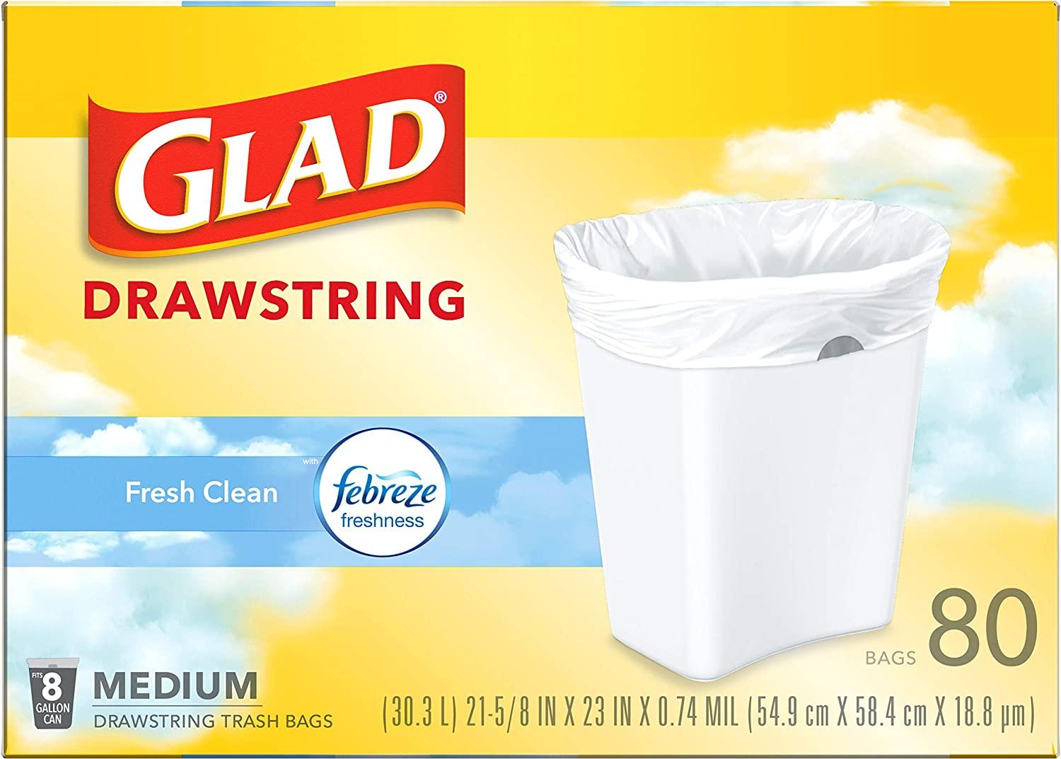 Glad Medium Drawstring Trash Bags, 8 Gallon, White, Gain Original Scent  with Febreze Freshness, 80 Count