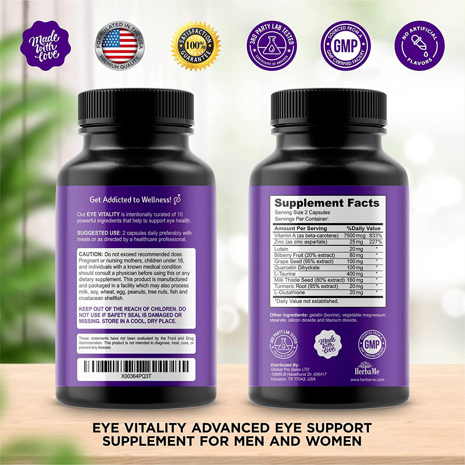 HerbaMe Eye Vitality, Eye Vitamins Supplement with Lutein, Bilberry