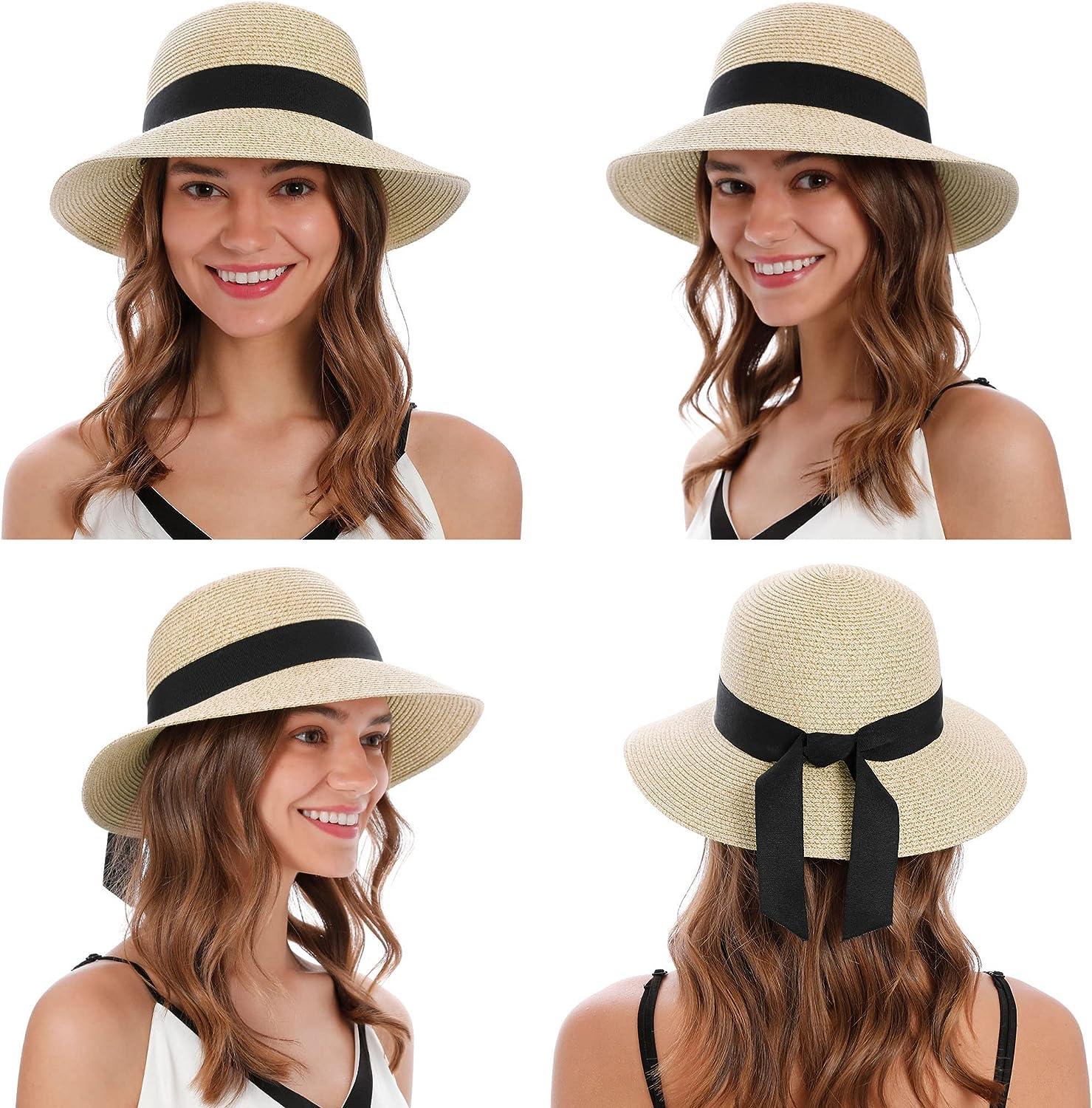 Women's Sun Hats UV Protection Large Wide Brim Hat Women Packable Sun Hat  for Women Straw Hats Beige/Black