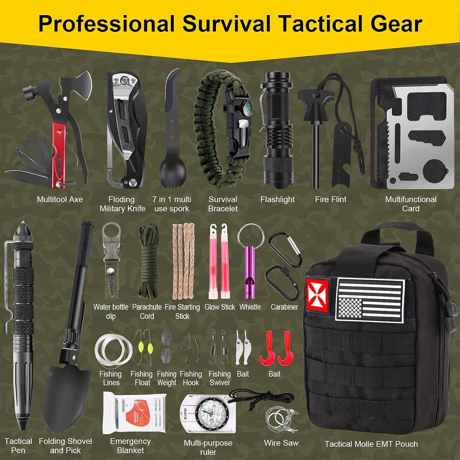 Survival First Aid Kit 248PCS Survival Tools Camping Essentials Tactical  Gear Emergency Trauma Medical Supplies Packed in a MOLLE Pouch Cool for Men  Camping Hiking Outdoor Activities Black