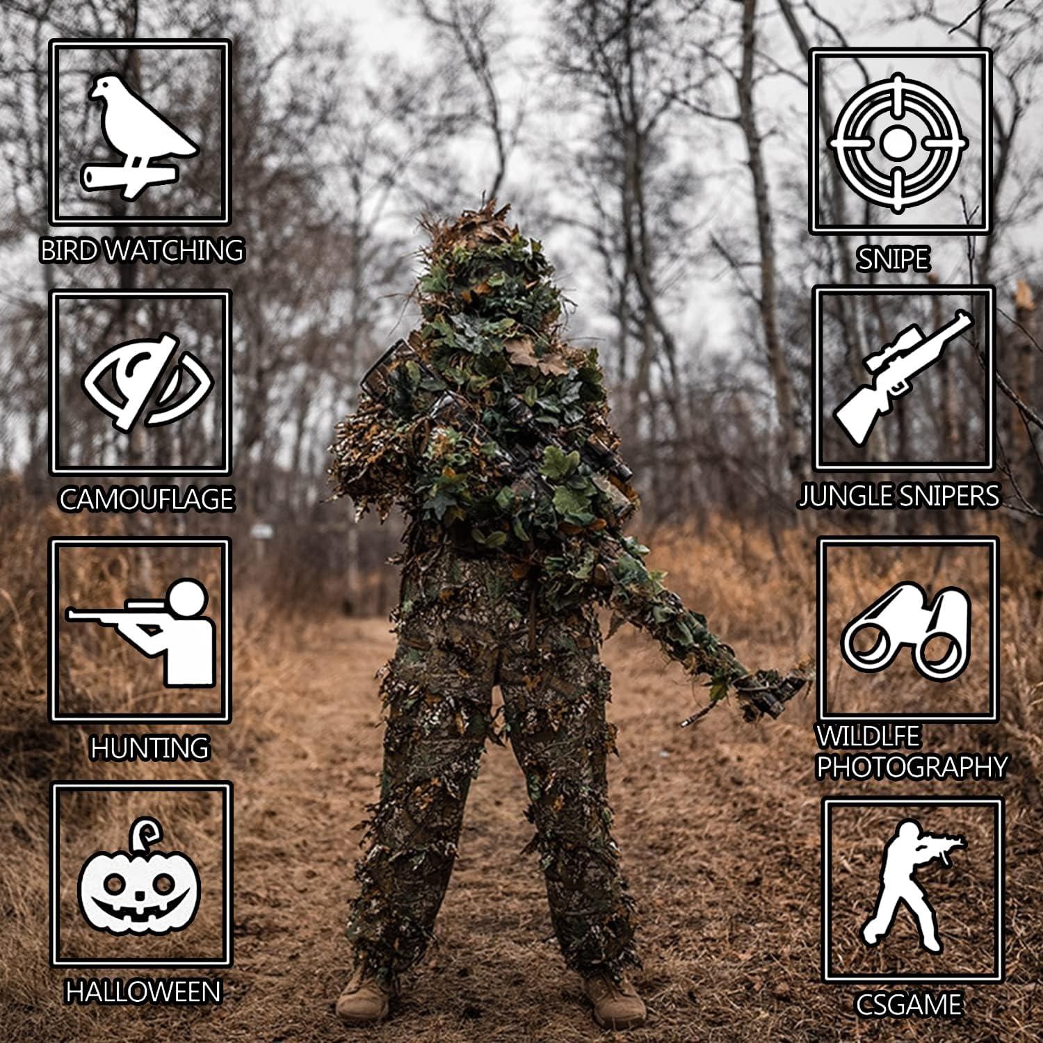 Ghillie Suit 3D Leafy Camo Suit Youth Adult Lightweight Hunting Camouflage  Suits Turkey Camo Hunting Gear Camo Clothing Hooded Apparel Gilly Suit for  Hunting Shooting Airsoft Wildlife Photography L for 5.9-6.3 Ft