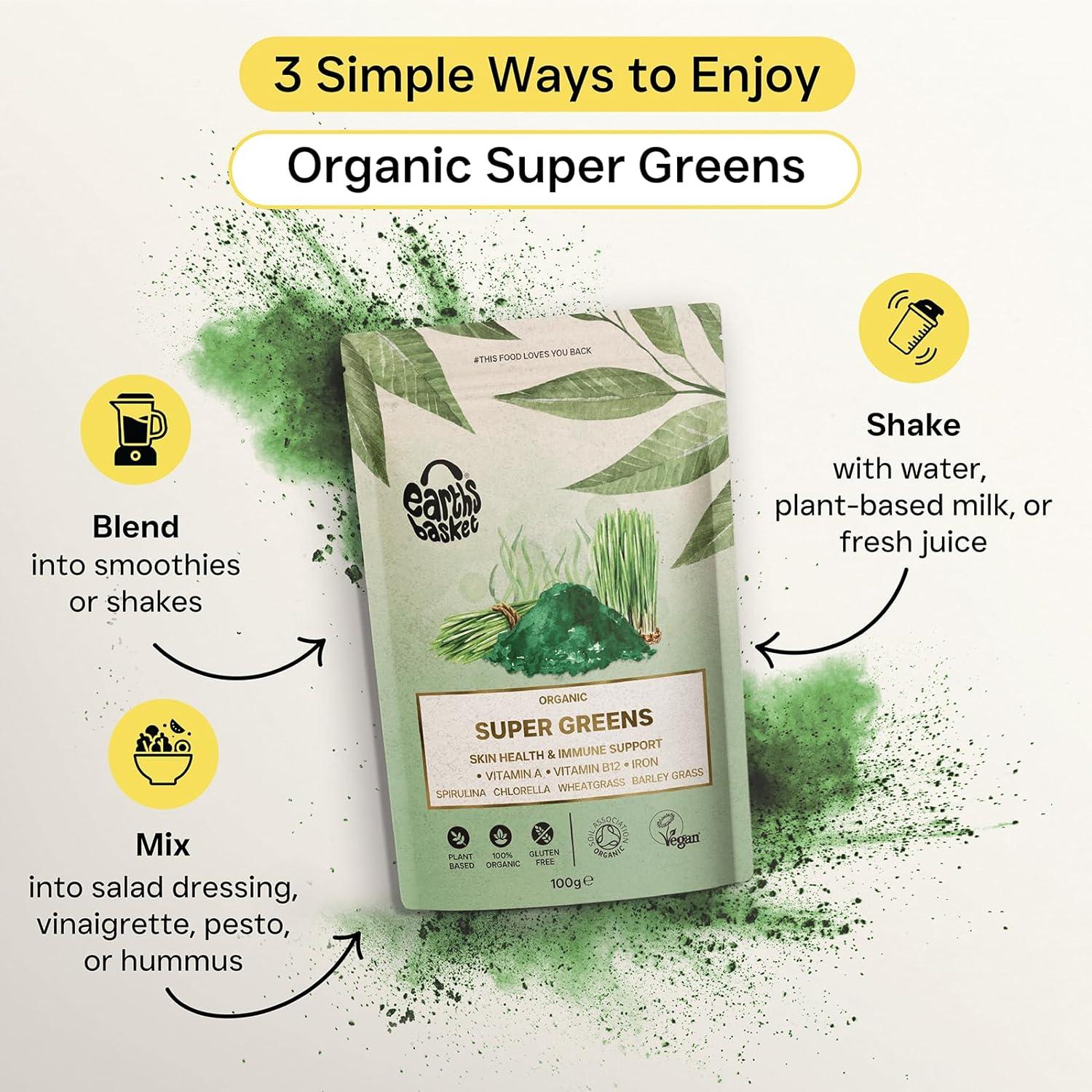 Earth's Basket Organic Super Greens Powder 100g Spirulina, Chlorella