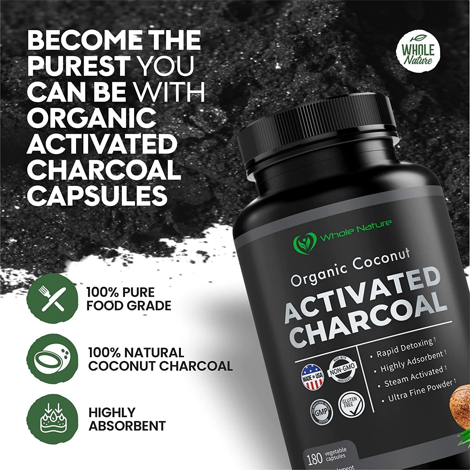Coconut Activated Charcoal Capsules, 180 Charcoal Pills, Detox, Teeth
