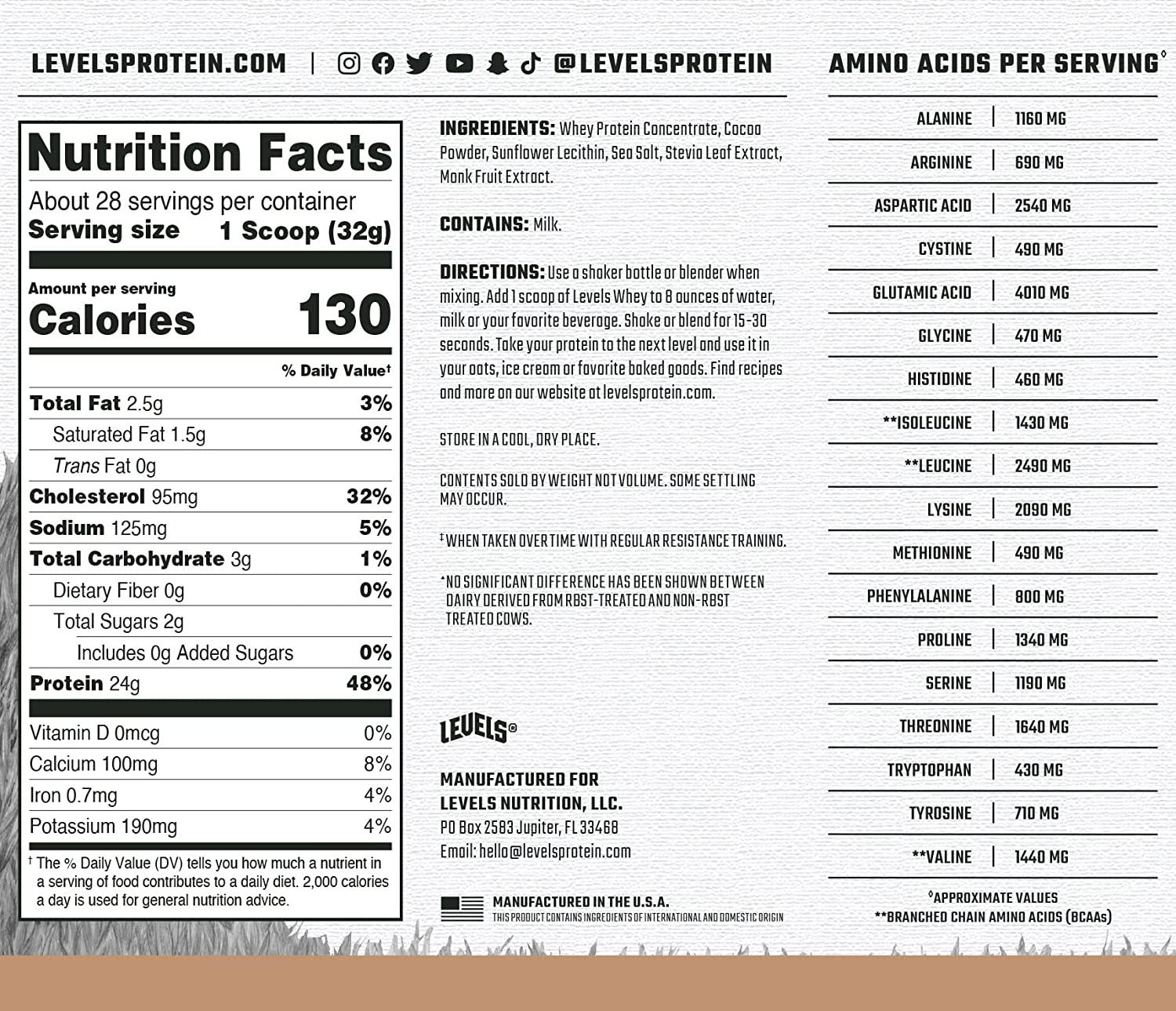 Levels Grass Fed Whey Protein 100 Pure Chocolate, No GMOs, 2LB