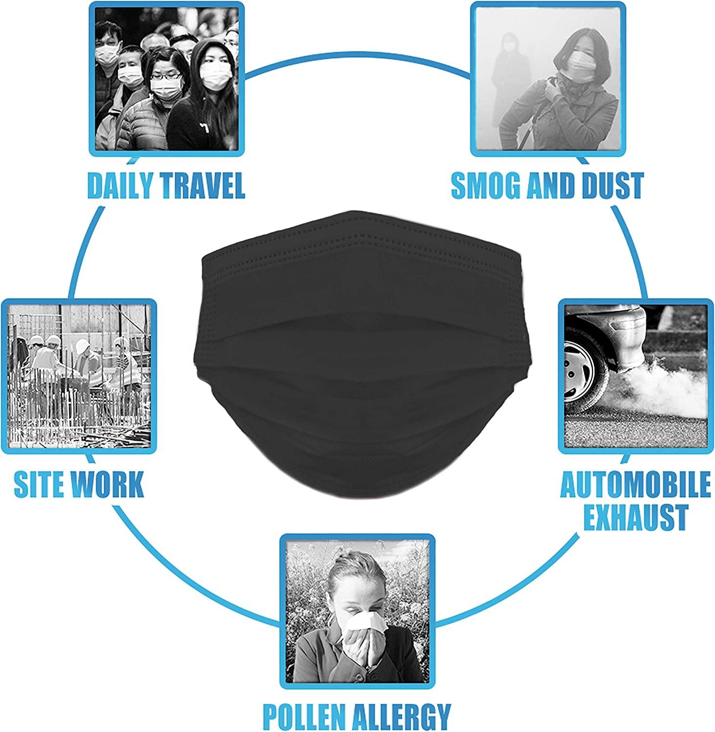 50 PCS Black Disposable Face Masks - 3-Ply Filter Earloop Mouth Cover ...