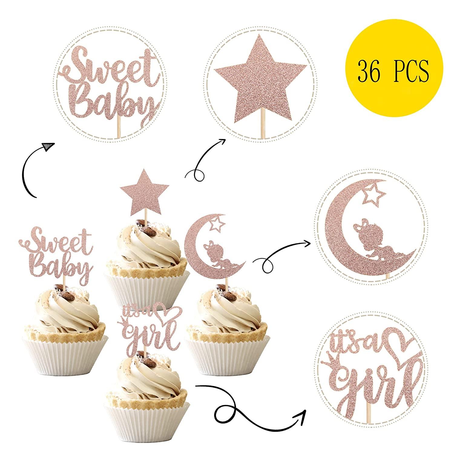 36 PCS Baby Shower Girl Cupcake Toppers with Moon Glitter Star It's a Girl  Sweet Baby Gender Reveal Cupcake Picks Baby Shower Kids Girls Birthday  Party Cake Decorations Supplies Rose Gold A