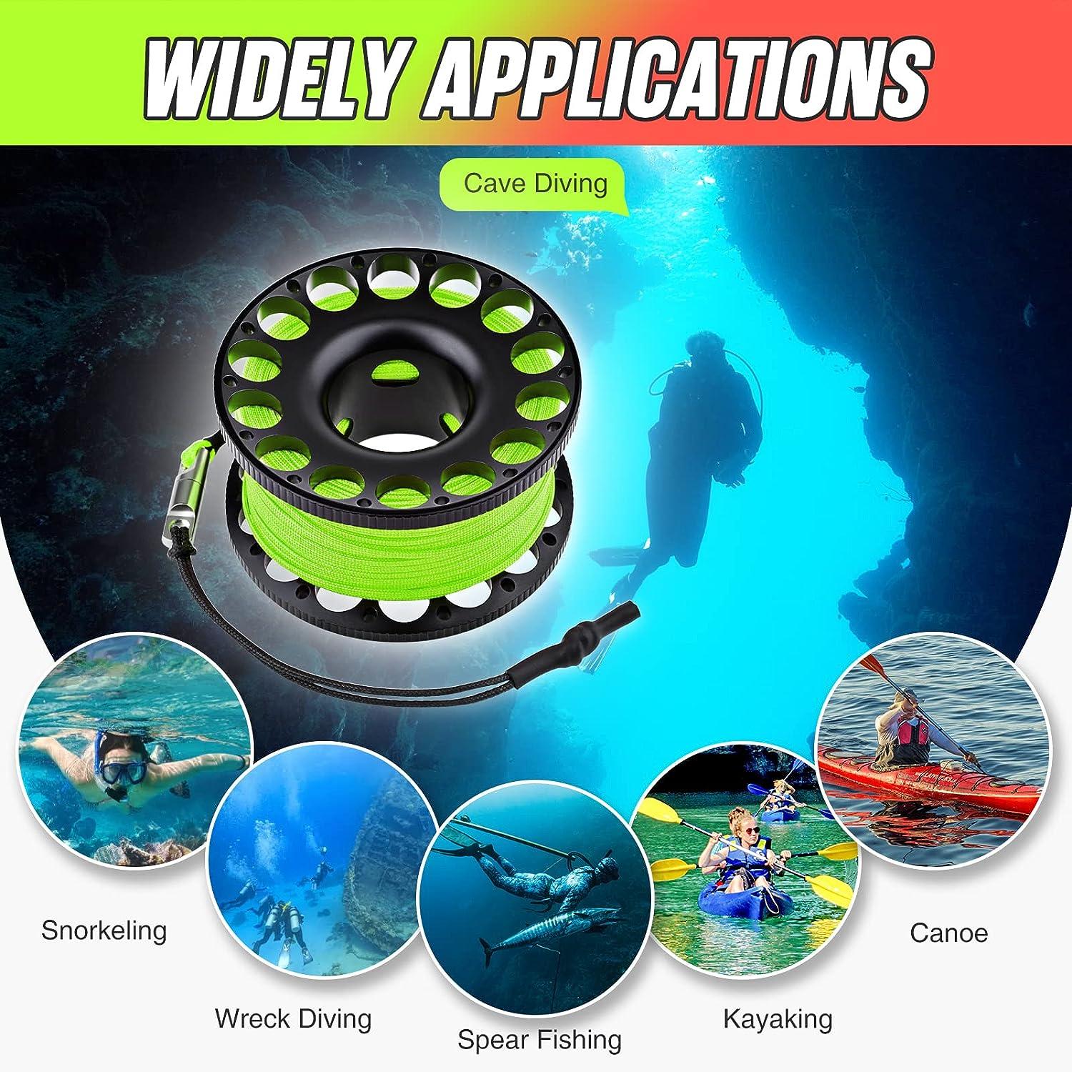 Scuba Diving Reel, Aluminum Alloy Wreck Cave Finger Spool with 30m/100ft  High Visibility Line and Double-Ended Bolt Snap Clip Fits for Outdoor Diving  Activities Fluorescent Green Fluorescent Green Line