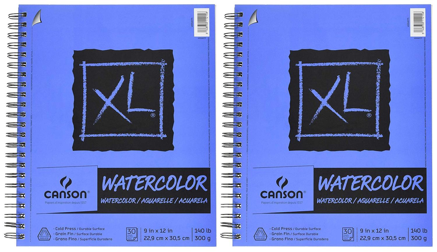 2-Pack Bundle - Canson XL Series Watercolor Paper - 9 x 12 inch - Textured,  Cold Press - Side Wire Bound, 140 Pound, 30 Sheets Each