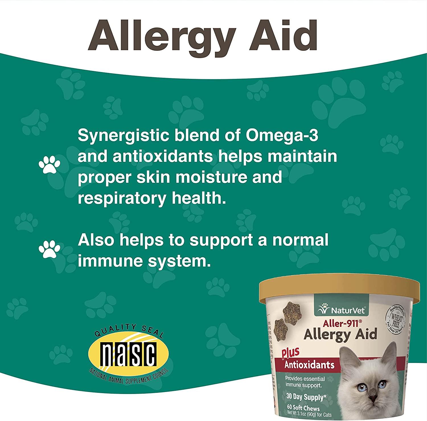 NaturVet Aller911 Allergy Aid Plus Antioxidants For Cats 60 Soft Chews Supports Immune System