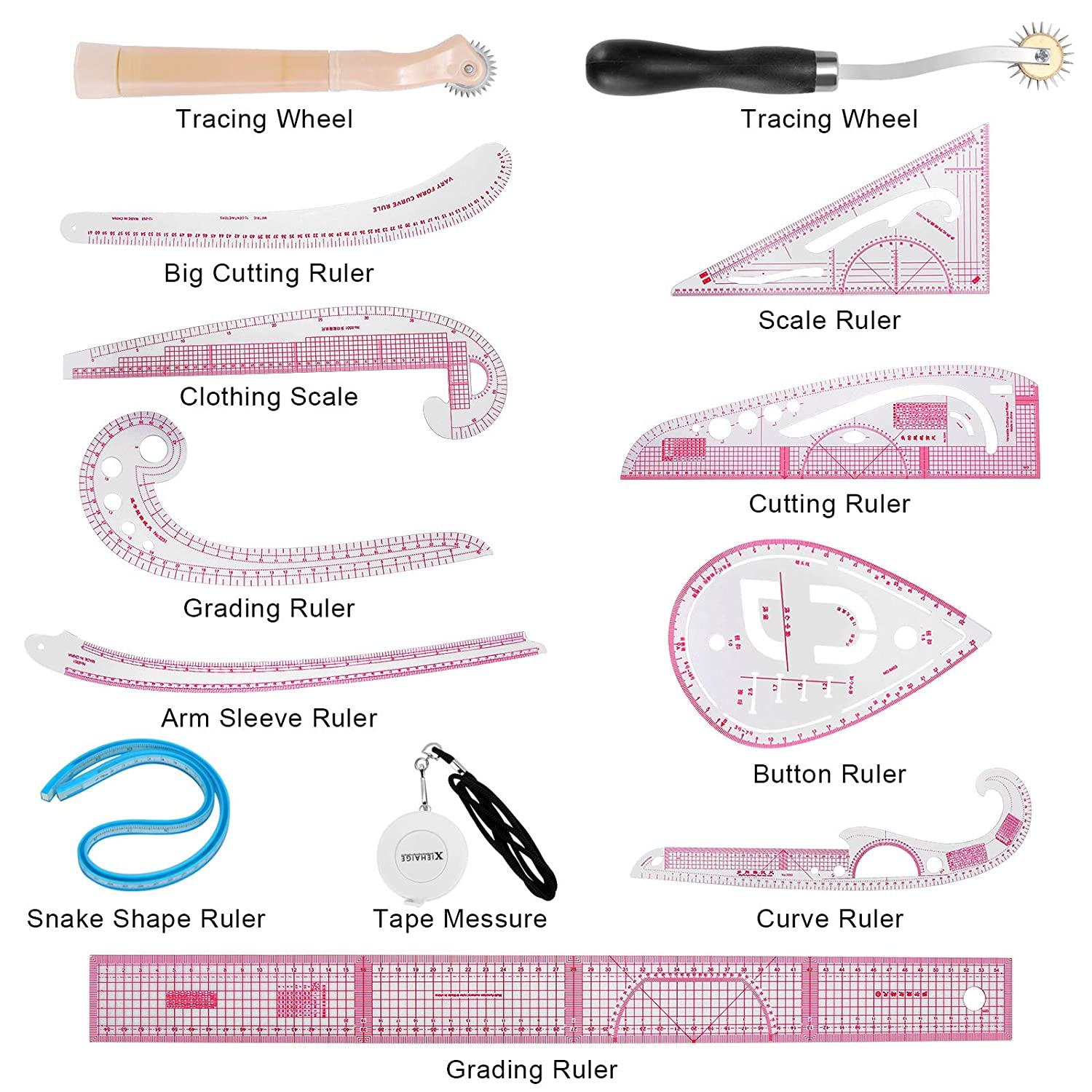 13PCS Styling Sewing French Curve Ruler Set, Dress Makers Ruler Clear Sewing  Tailors Pattern Making Ruler for Fashion Design and Guides for Fabric  (English Language Mark on Rulers)
