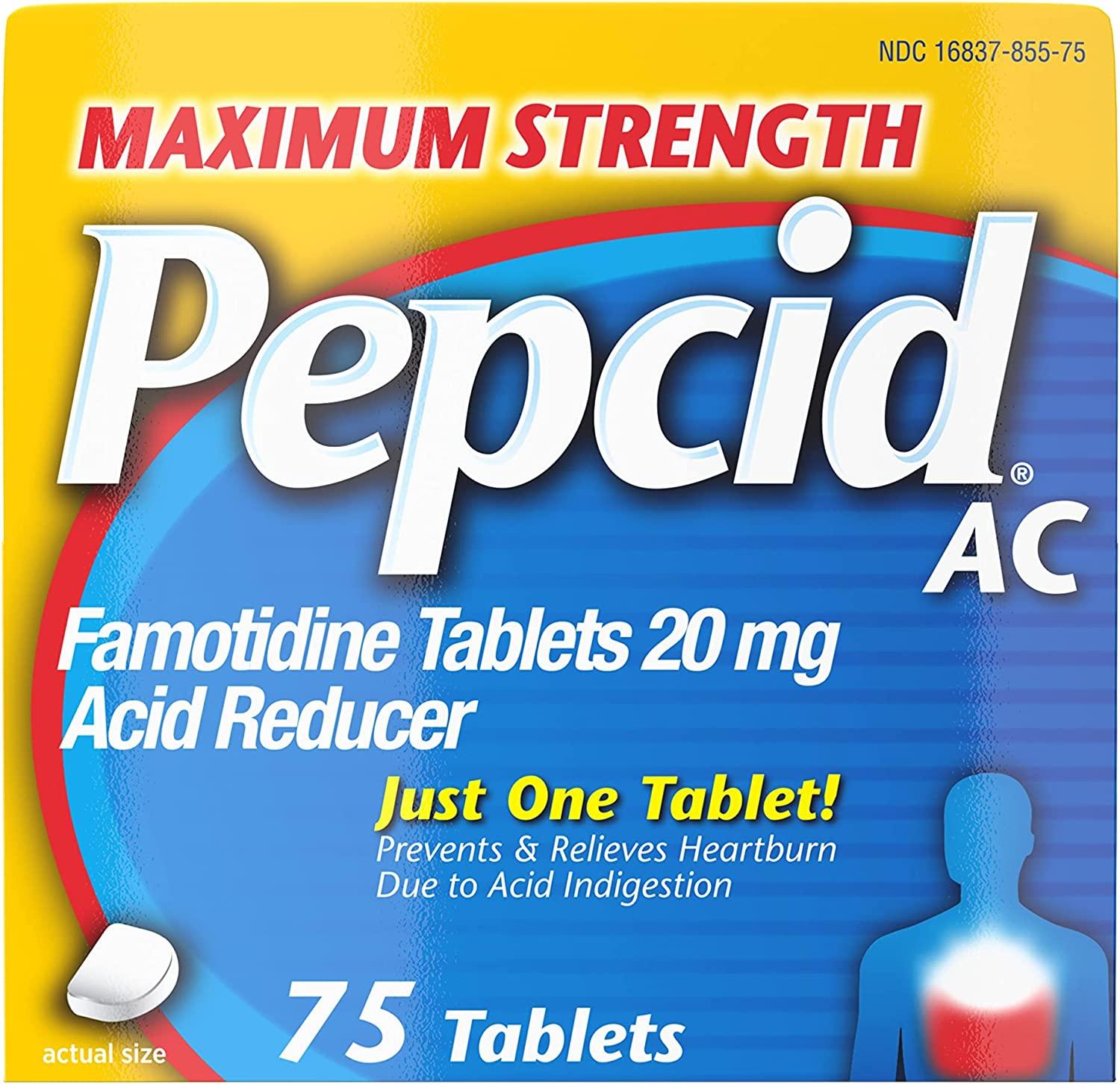 Box of Pepcid AC famotidine tablets, over-the-counter acid reducer