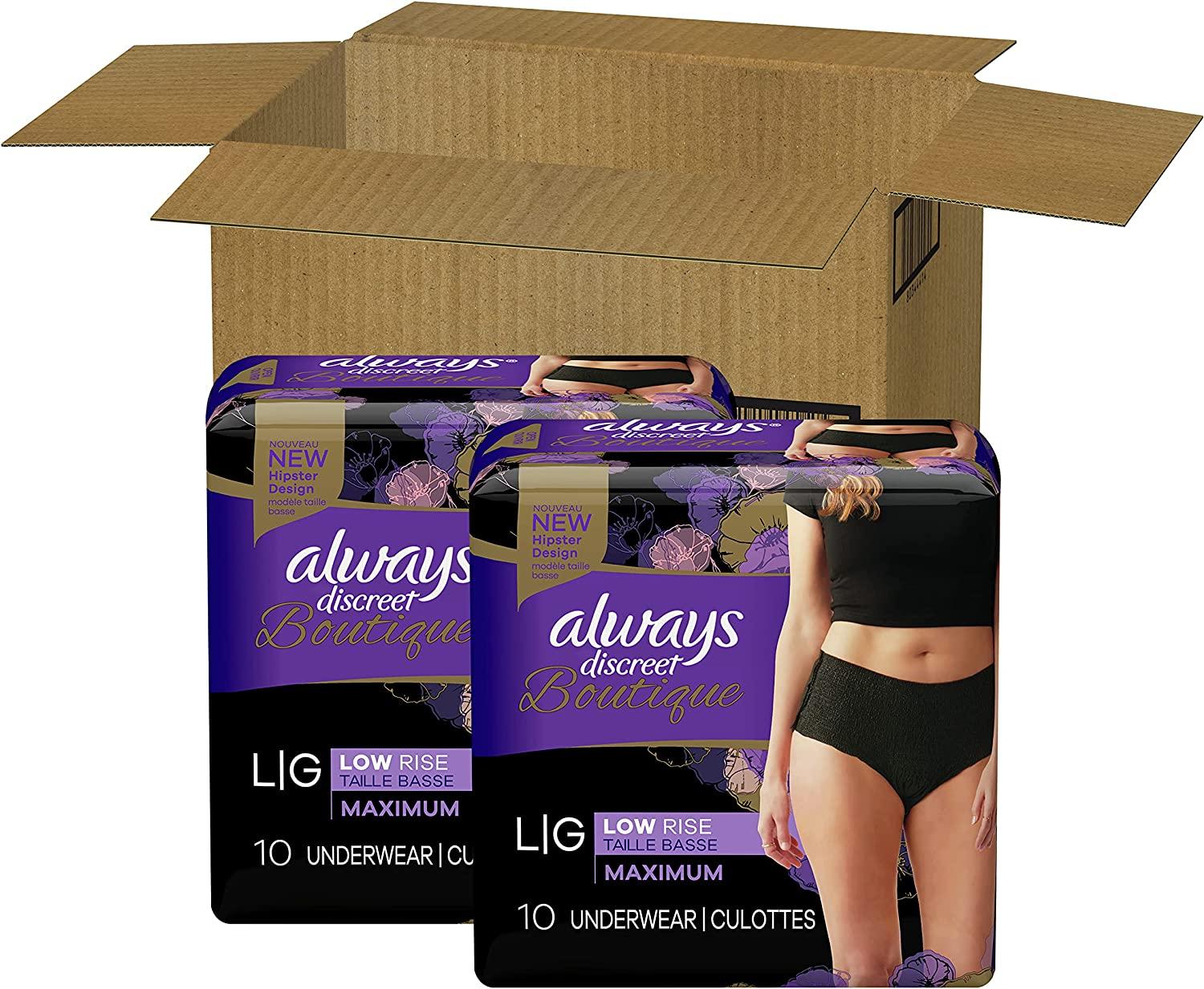 Always Discreet Boutique, Incontinence & Postpartum Underwear For Women,  Low-Rise, Size Large, Black, Maximum Absorbency, Disposable, 20 Count Black  Low Rise Large (20 Count)