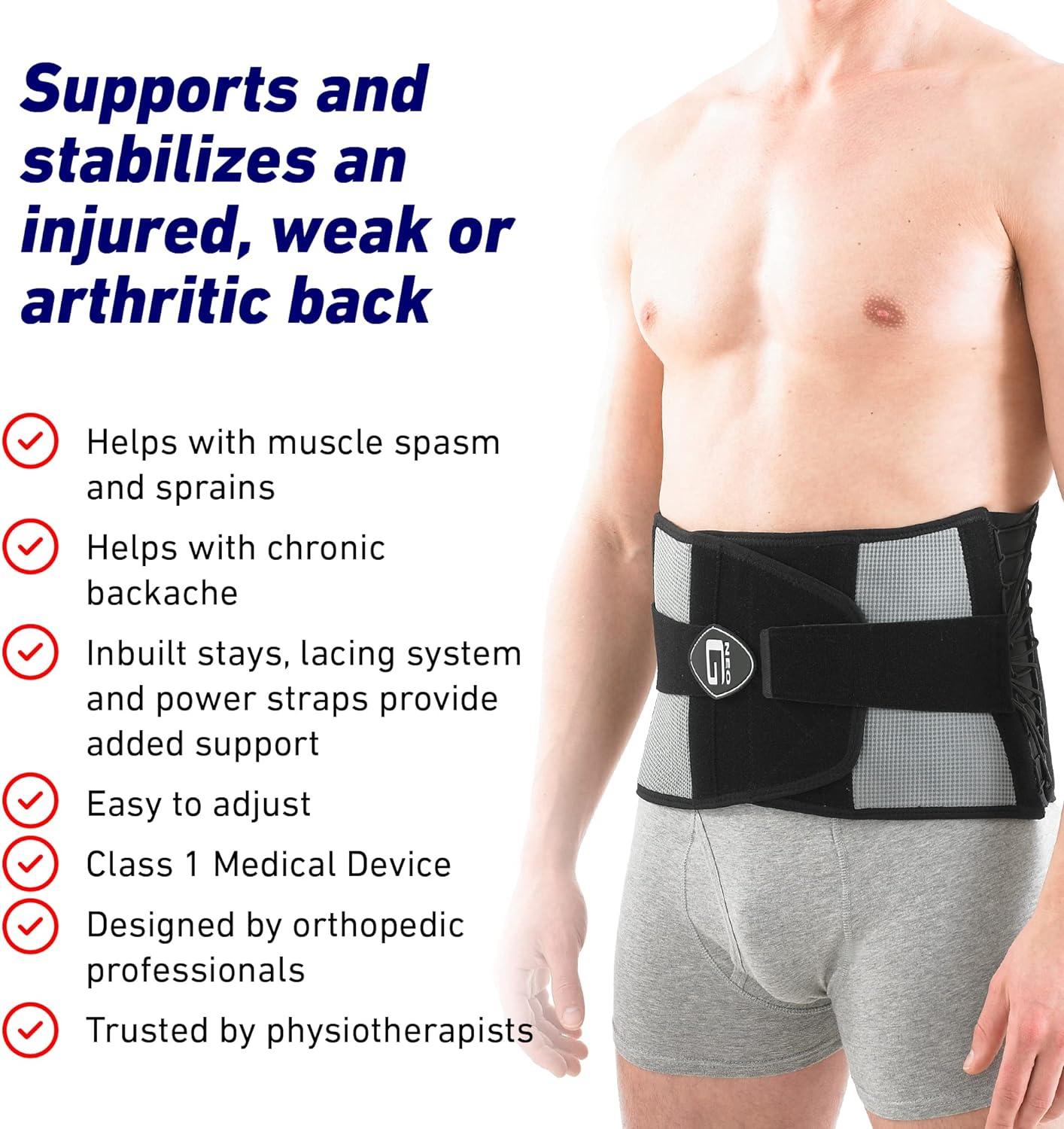 Neo G Back Support RX Stabilized with Power Straps and Adjustable Lacing  System Back Brace for Lower Back Pain Relief Muscle Spasm Strains Arthritis  Rehabilitation - Class 1 Medical Device - S Small
