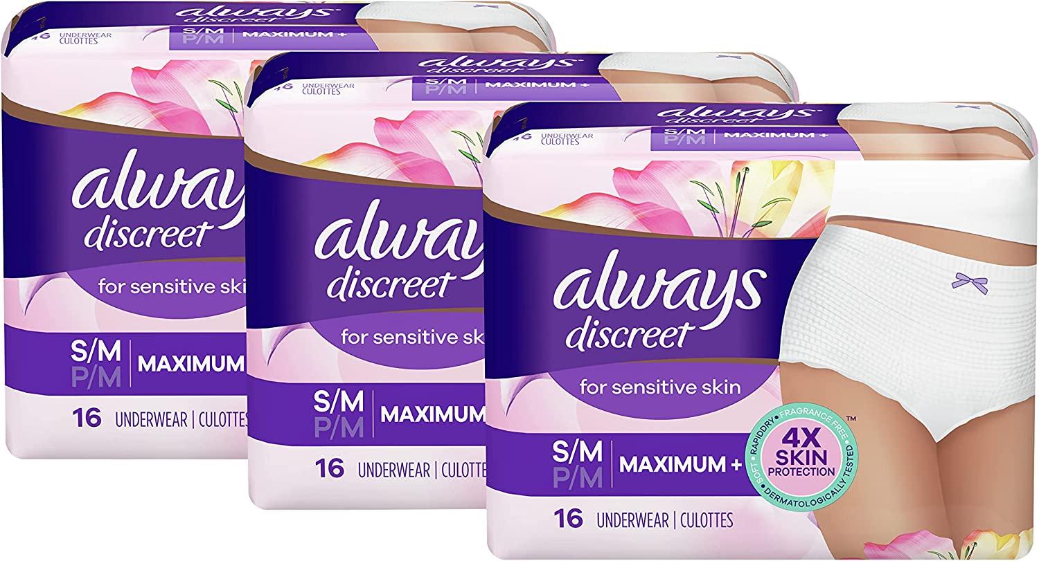Always Discreet for Sensitive Skin Underwear S/M Maximum Plus Absorbency,  Fragrance-Free, 48 Count Small/Medium (Pack of 48)