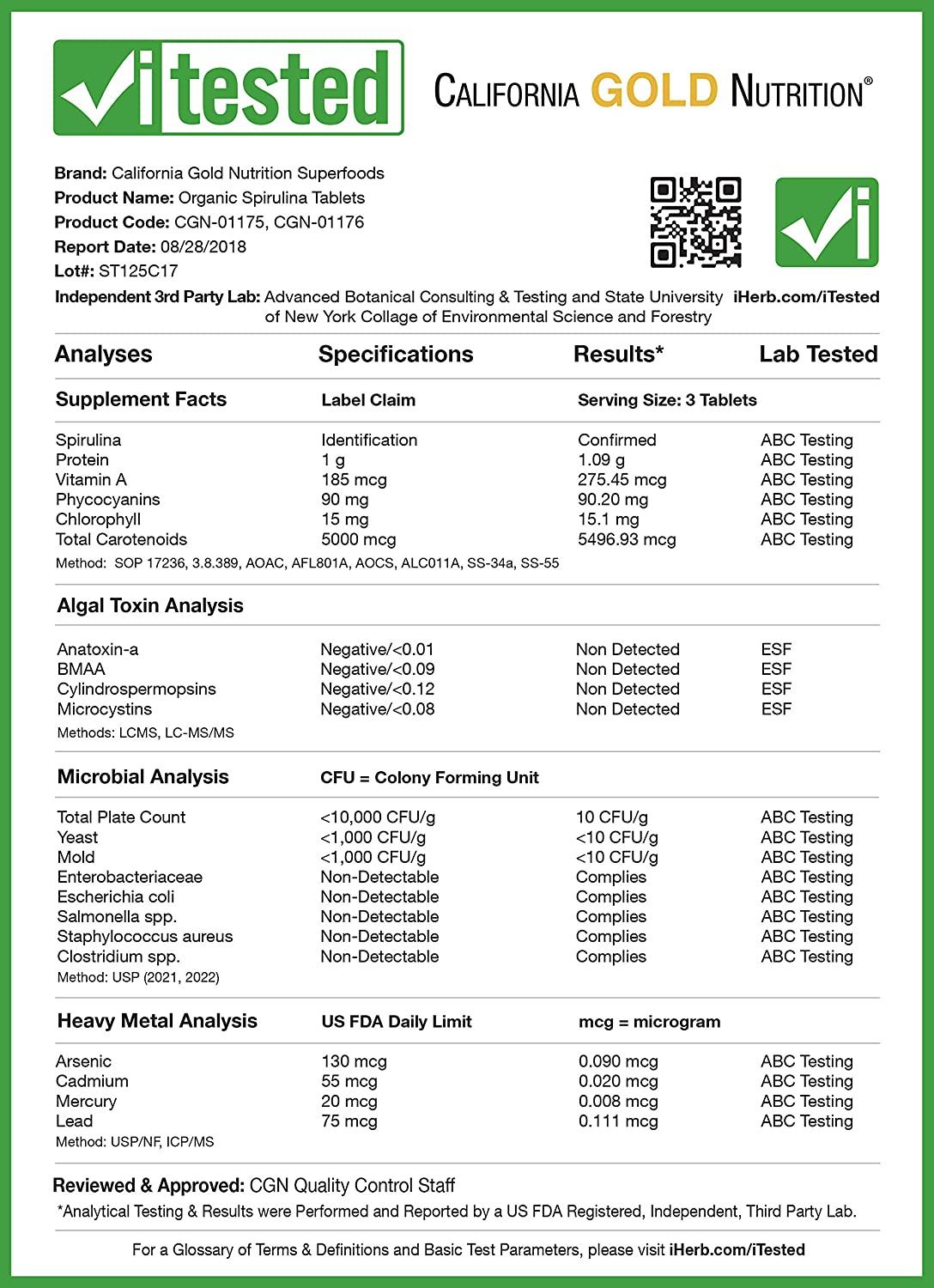 USDA Certified Organic Spirulina 500mg Tablets USP Verified, NonGMO