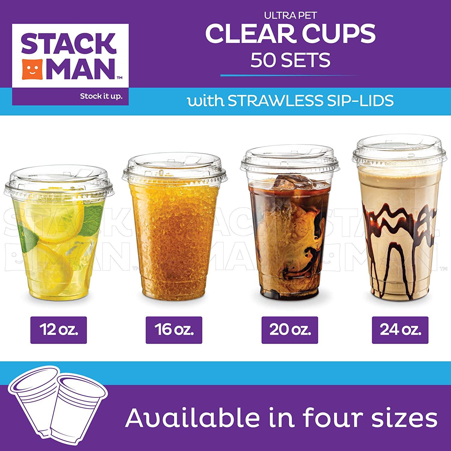 16 oz Crystal Clear Pet Plastic Cups with Flat Lids and Paper Straws (100)