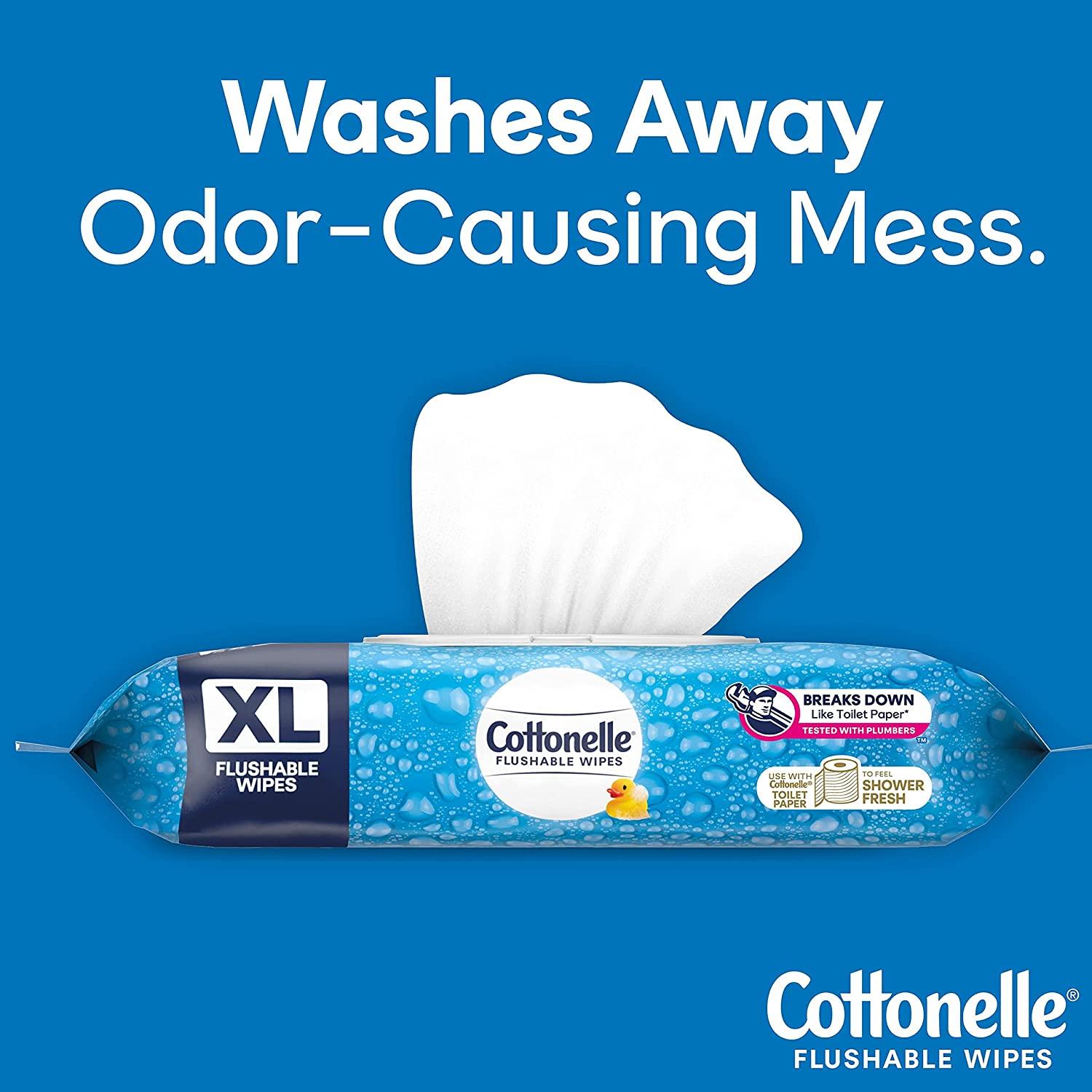 Cottonelle XL Flushable Wet Wipes, Adult Wipes Large, 4 FlipTop Packs