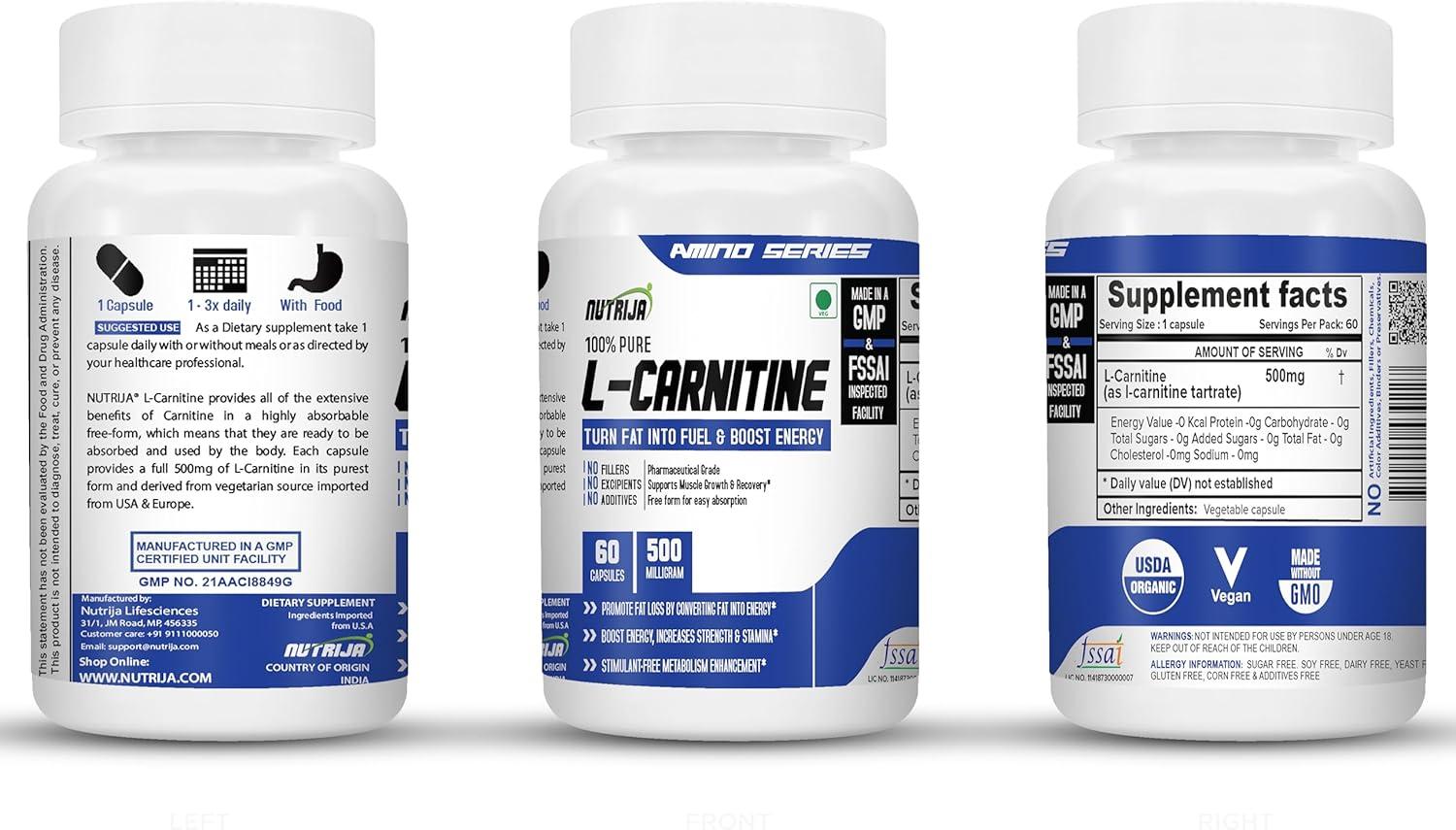NutriJa L-Carnitine L-Tartrate 500mg Supplement