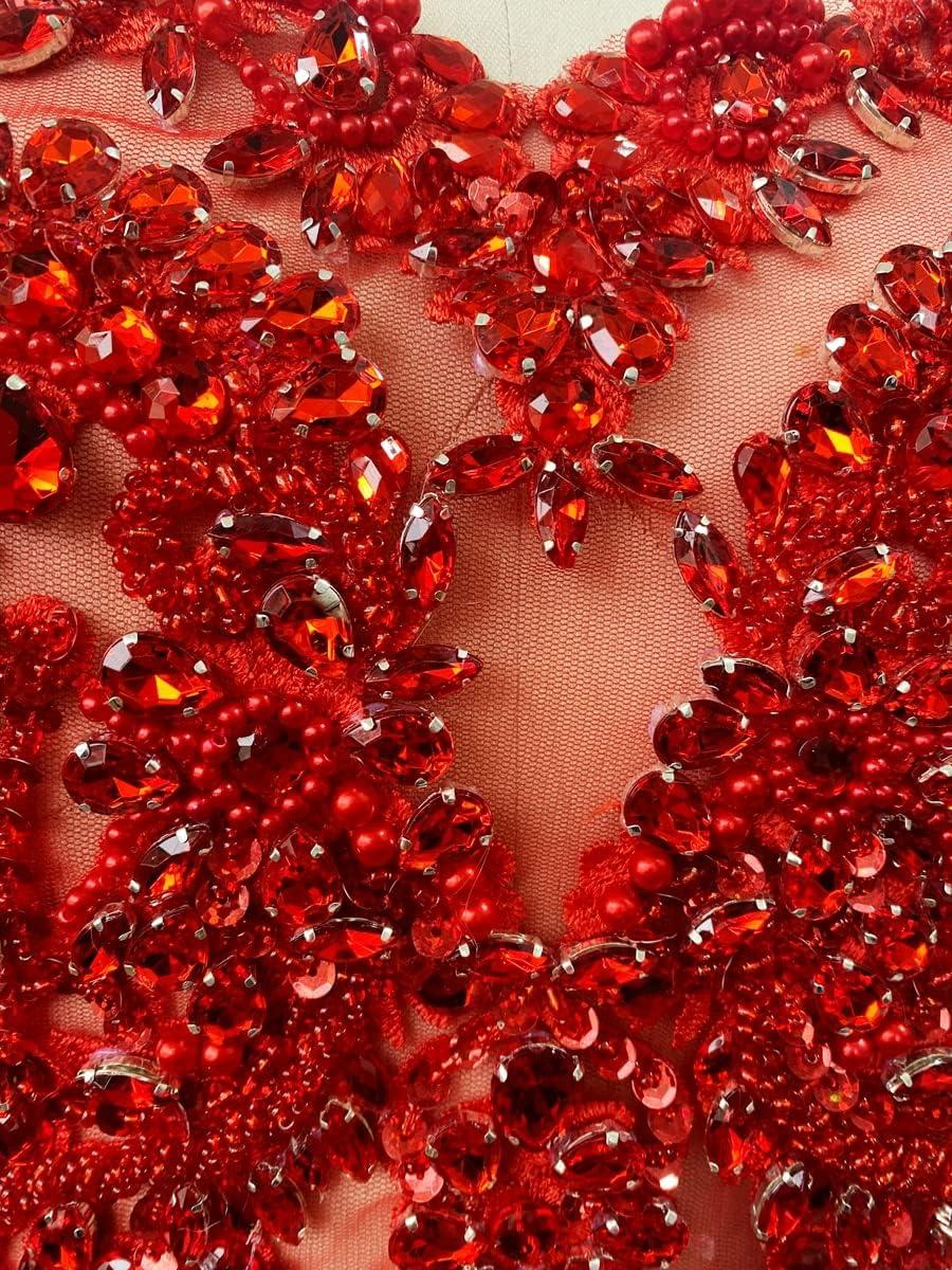 Handmade red/Blue/Gold/Green Rhinestones lace Bodice Applique Sewing Beads Crystal Trim Patches Accessory for Dress Clothes (Red)