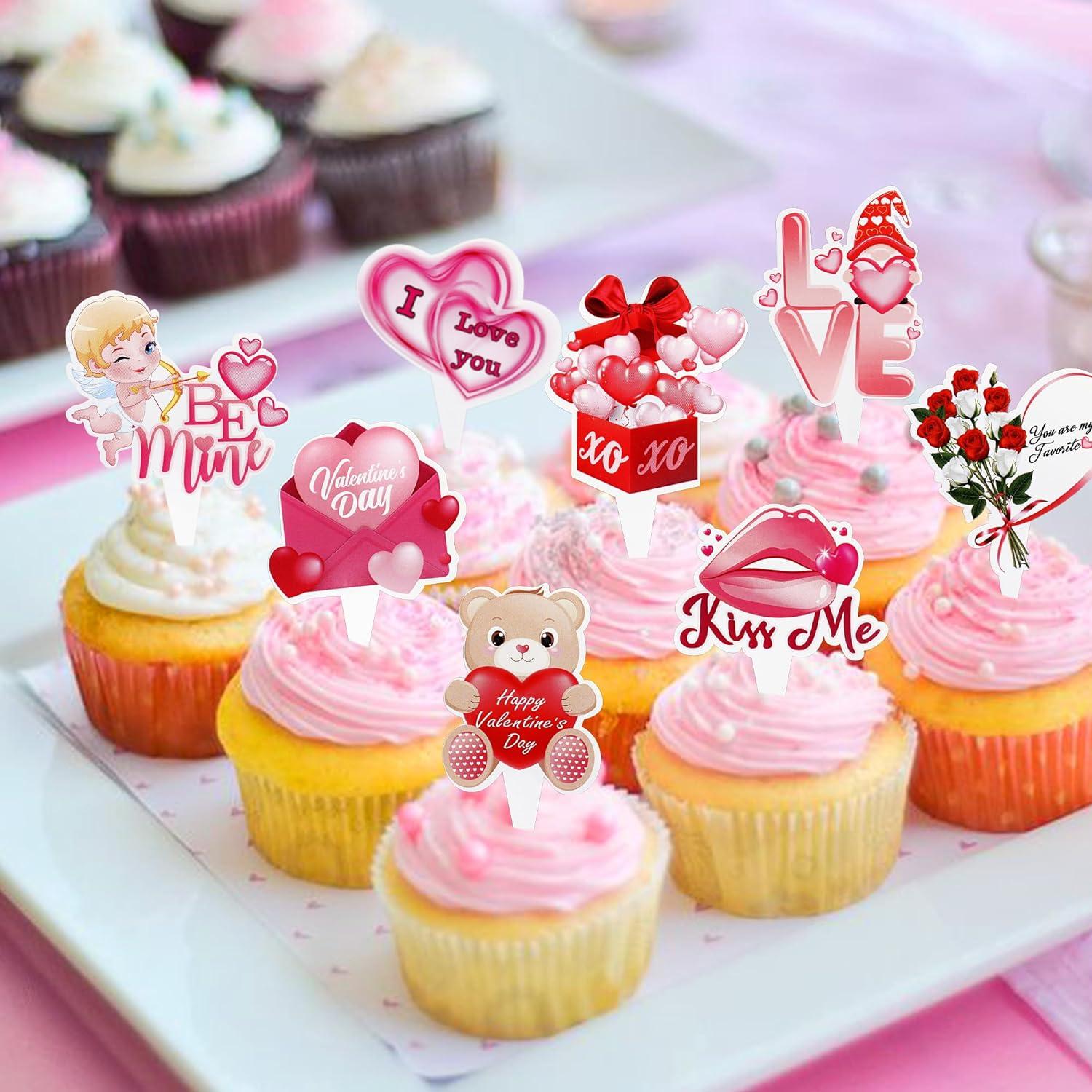 24 Pezzi Valentine'S Day Cupcake Toppers Rosso Glitter Kiss