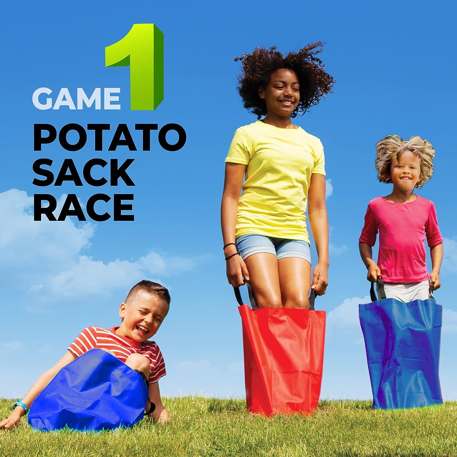 Outdoor Party Games for Kids Potato Sack, Egg & Spoon, 3Legged Relay