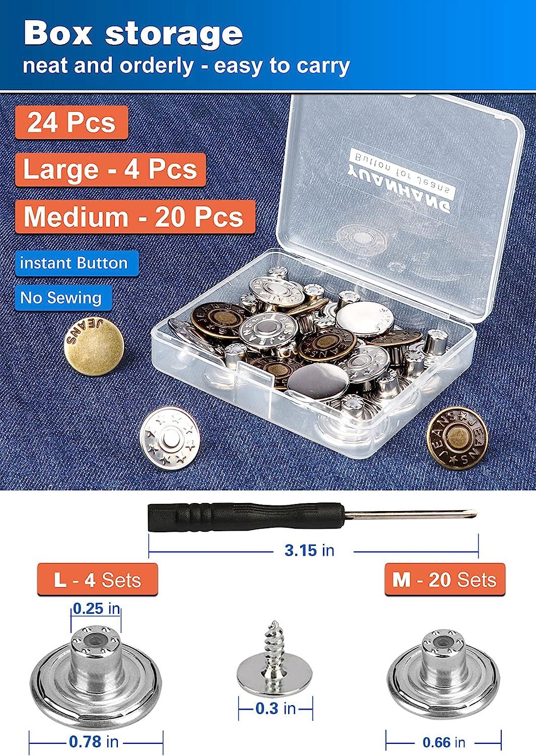Jean Button No Sew Repair Kit, 24 Sets Perfect Fit Metal Instant Buttons  for Je