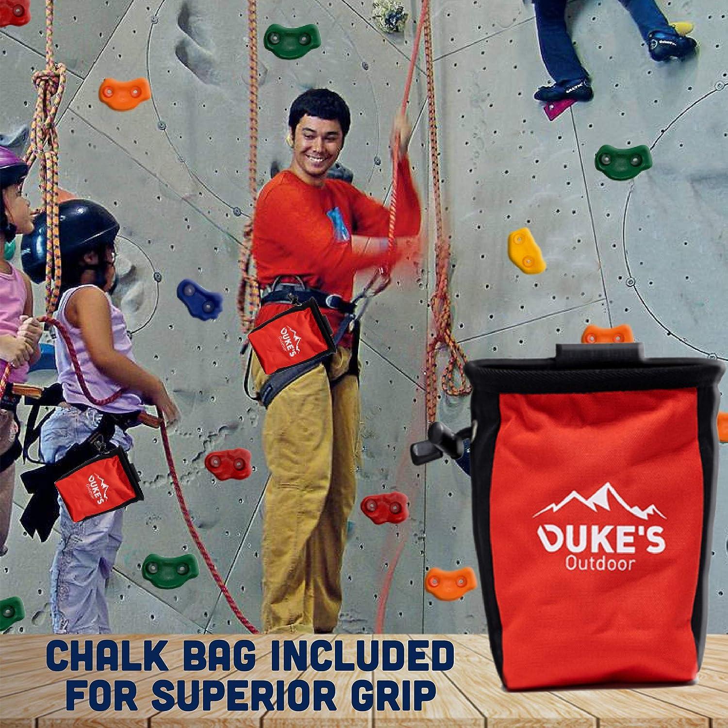 Duke's Outdoor Rock Climbing Holds Set for Kids - 30 Rock Climbing Wall  Grips for Indoor & Outdoor Play Set, 8 Foot Knotted Climbing Rope, Chalk Bag  & 3 DIY Videos