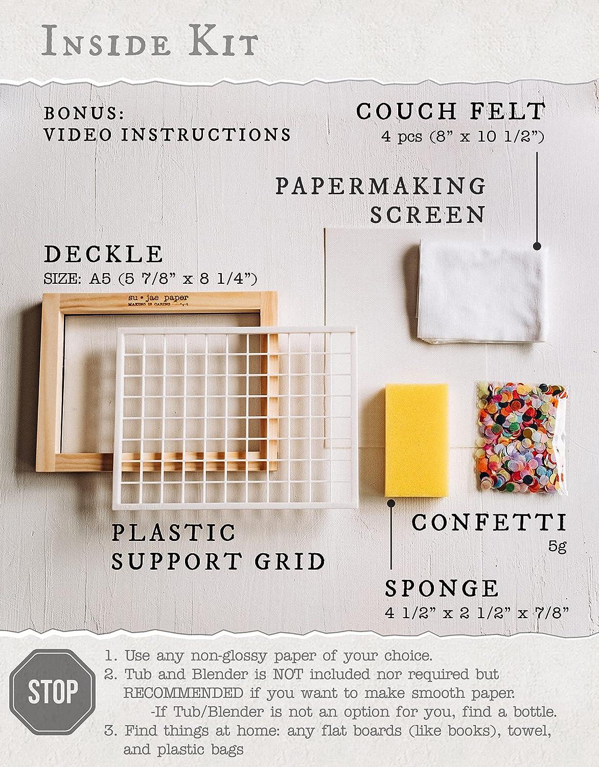 Su Jae Paper Waterproof Paper Making Screen Kit to Craft Your Own Handmade A5 Paper: Wood Deckle, Mesh Screen, Plastic Grid, Confetti, Sponge, 4 Couch