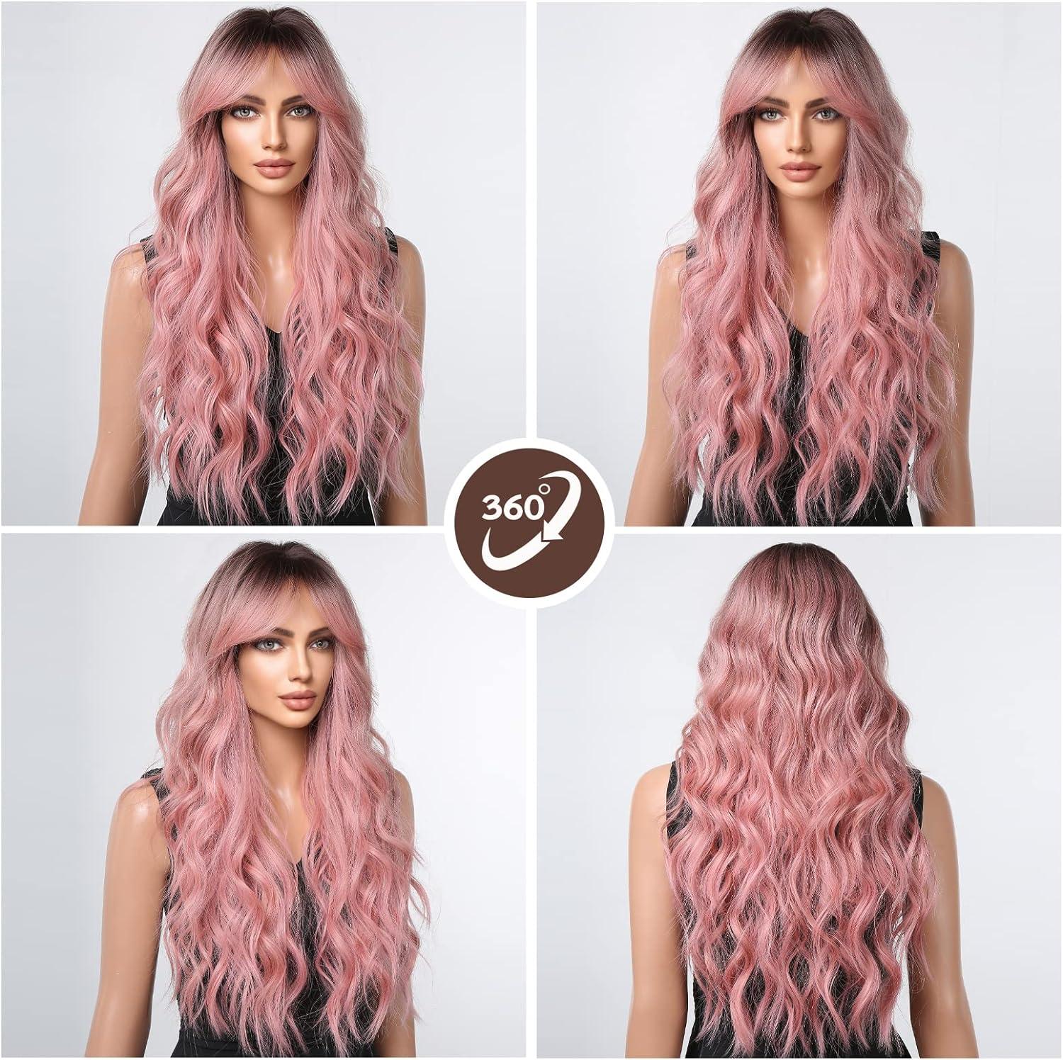 HAIRCUBE Long Pink Wig for Women Dark Rooted Synthetic Hair with