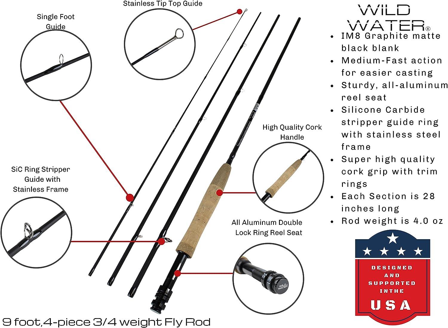 Wild Water Fly Fishing 9 Foot, 4-Piece, 3/4 Weight Fly Rod Deluxe