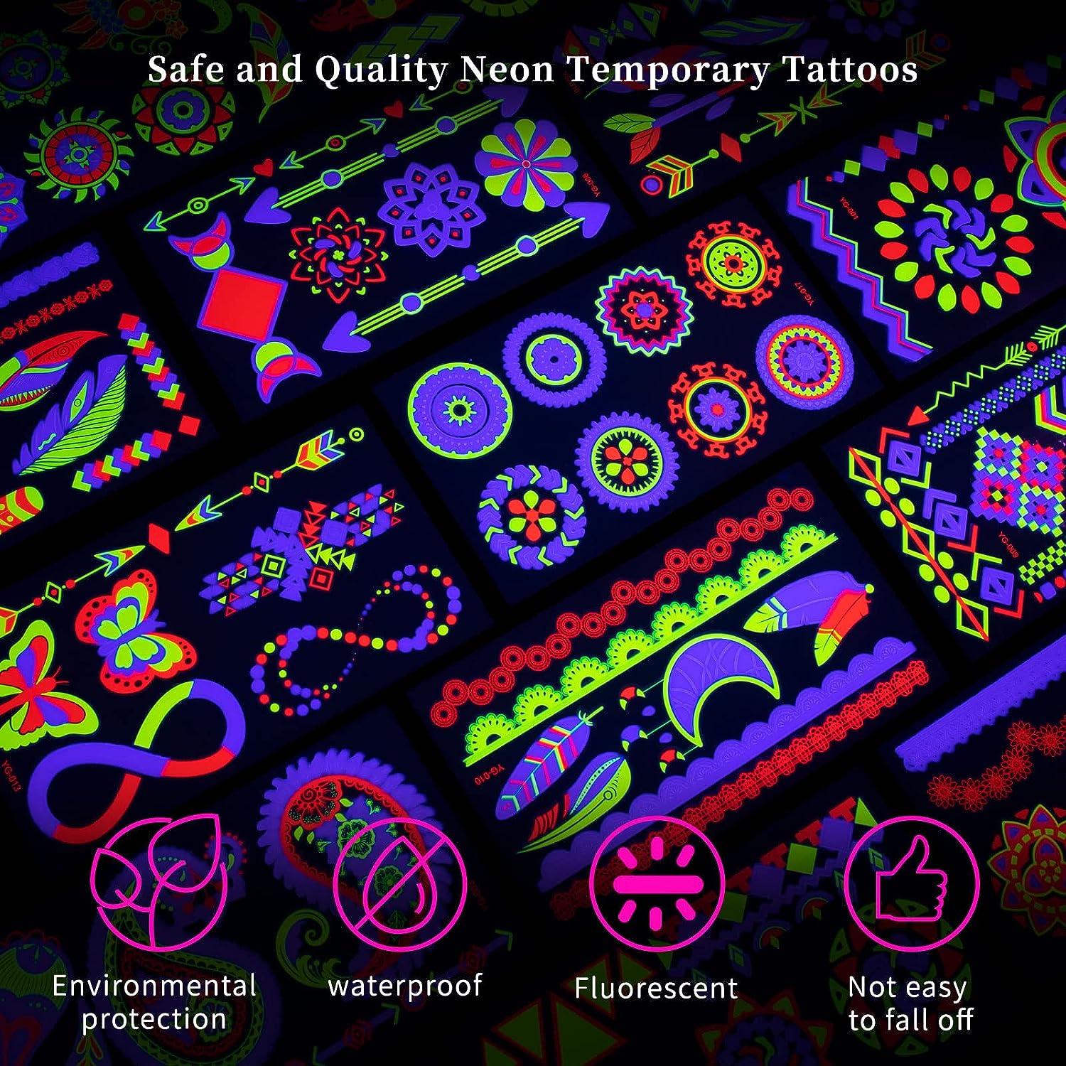 COKOHAPPY 20 Sheets Glow under UV Blacklight Neon Temporary Tattoo 160+  Styles Neon Accessories for Glow Party Blacklight Bachelorette Waterproof  Luminous Fake Tattoo For Women Neno Party Rave Supplies