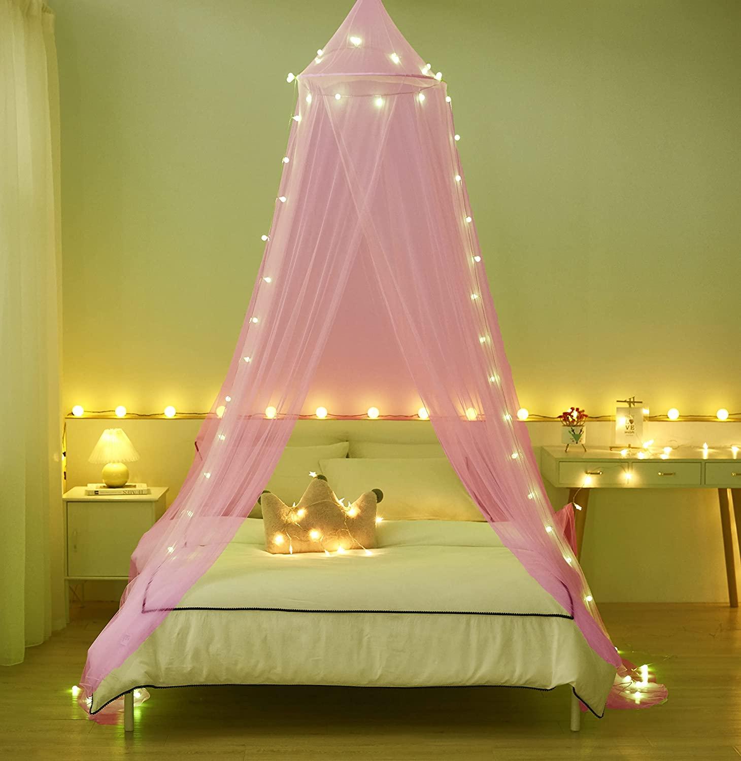 Akiky Bed Canopy for Girls with Lights,Canopy for Girls Room Twin Full Queen King Size Bed
