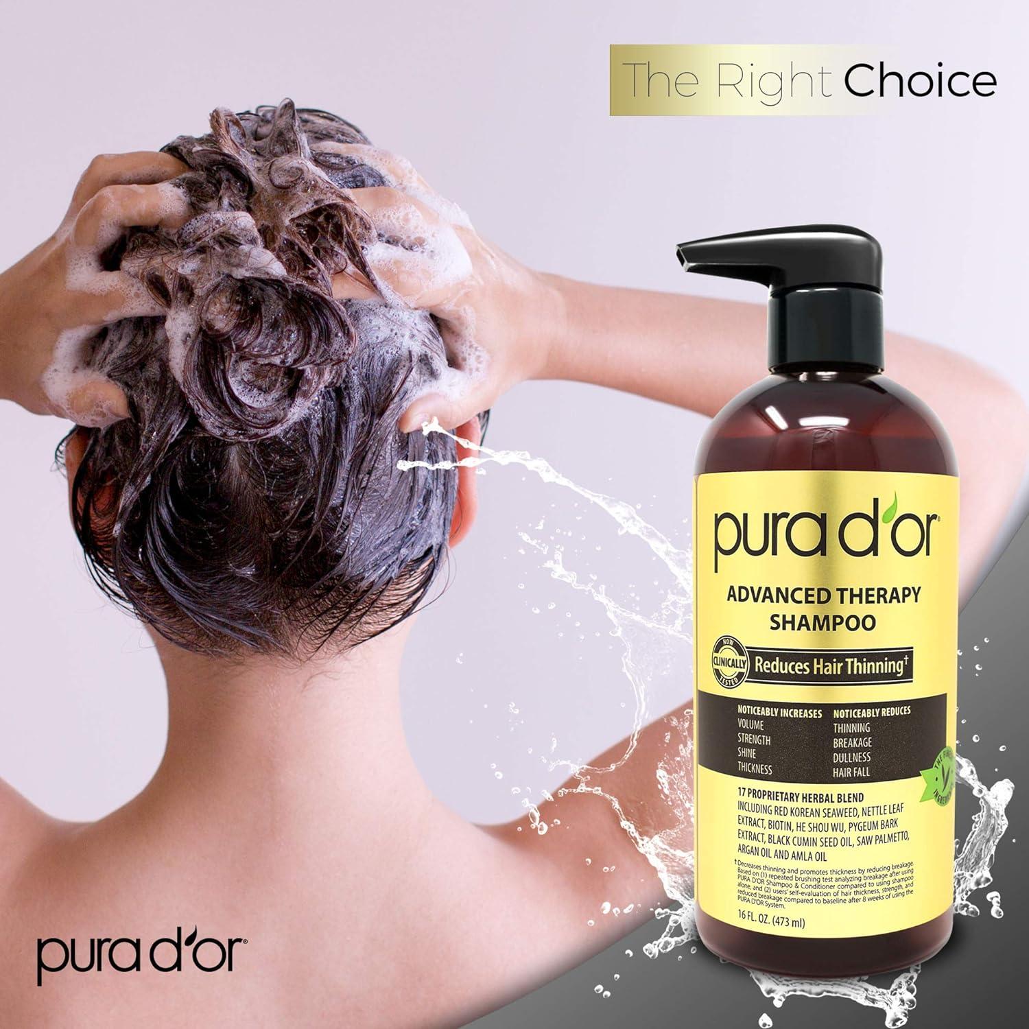 PURA D'OR Advanced Therapy Shampoo (16oz) Reduces Hair Thinning & Increases  Volume No Sulfate Biotin Shampoo Infused with Argan Oil Aloe Vera for All  Hair Types Men & Women (Packaging May Vary)