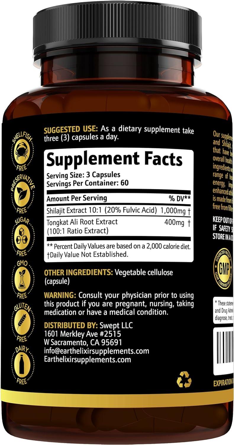 Earth Elixir Shilajit & Tongkat Ali Capsules (180ct) Made in USA 1000mg Shilajit with 20