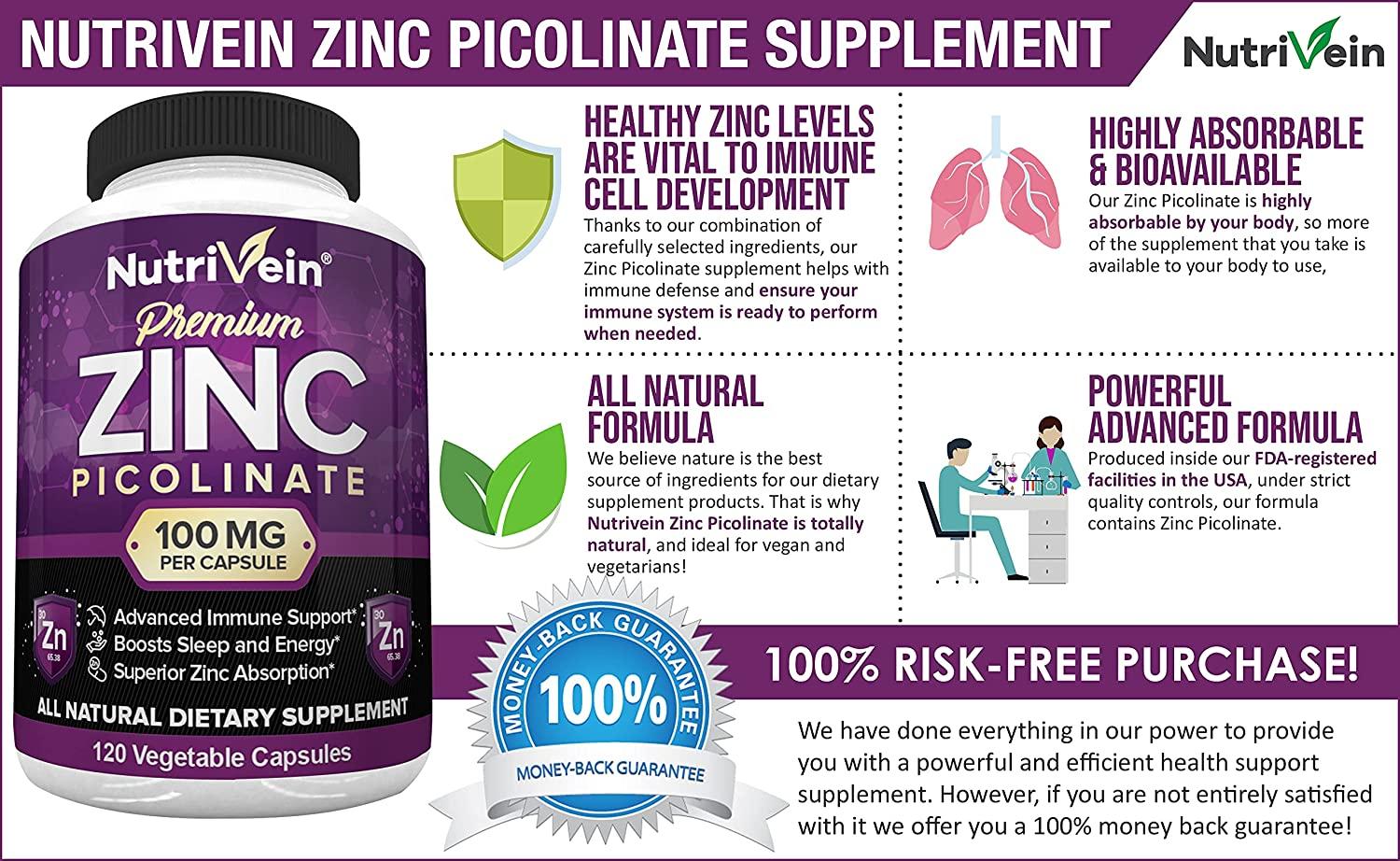 Nutrivein Premium Zinc Picolinate 100mg 120 Capsules Immunity Defense Boosts Immune System