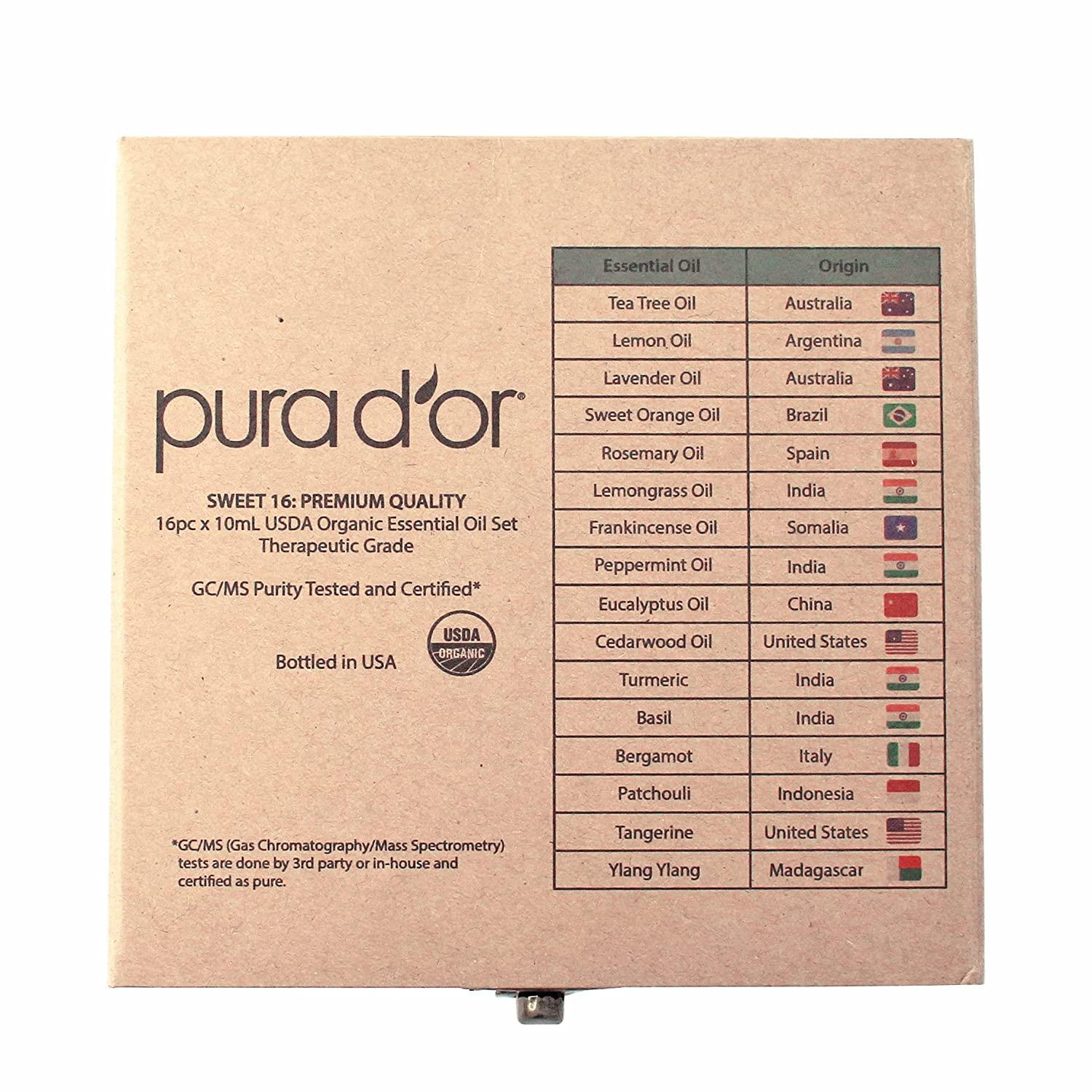 Pura D'or 10 Essential Oils Wood Box Set 10ml USDA Organic 100% Pure Therapeutic Grade (Tea Tree, Lemon, Lavender, Sweet Orange, Rosemary