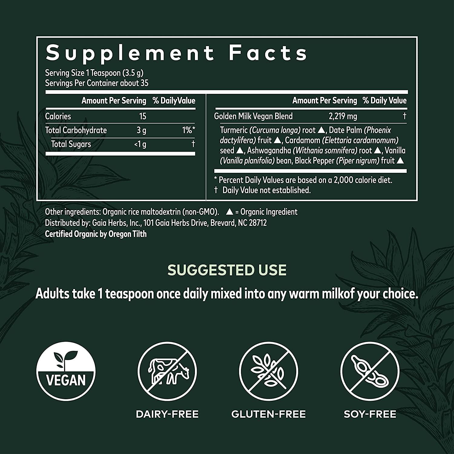 Gaia Herbs Golden Milk Supplement Powder Organic Turmeric