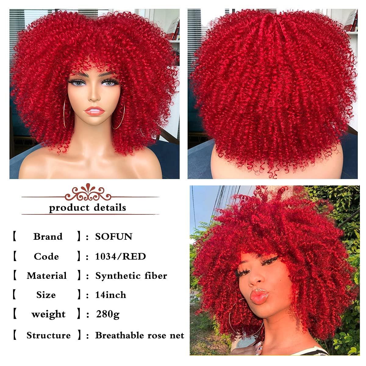 Sofun Short Curly Afro Wigs With Bangs For Black Women Short Kinky Curly Wig Synthetic Fiber