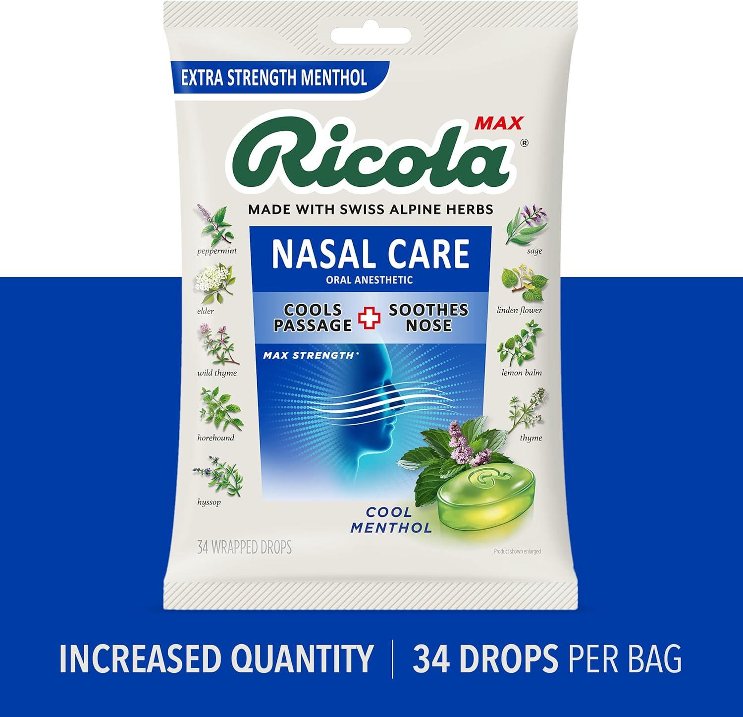 Ricola Max Cool Menthol Nasal Care Large Bag Cough Suppressant Drops Dual Action Liquid