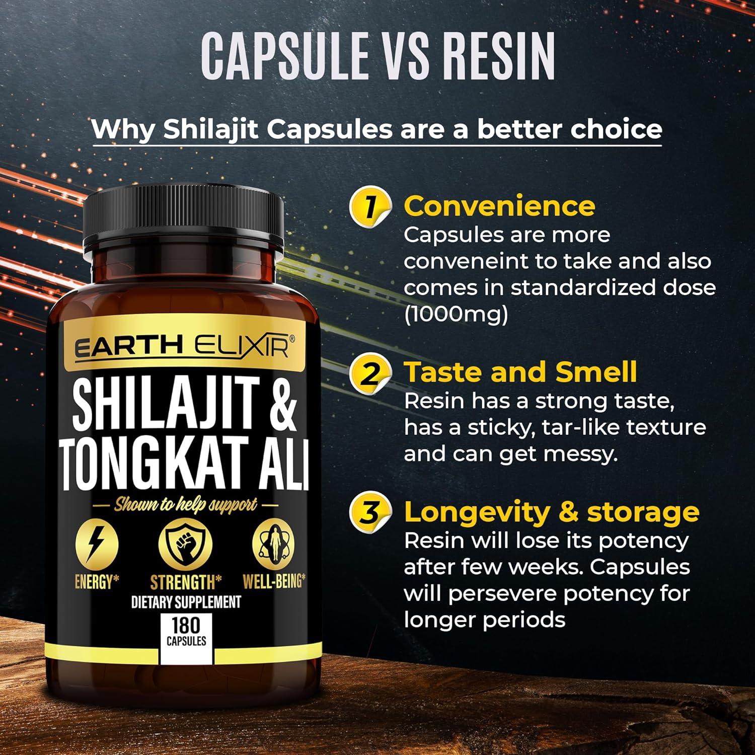 Earth Elixir Shilajit & Tongkat Ali Capsules (180ct) Made in USA 1000mg Shilajit with 20