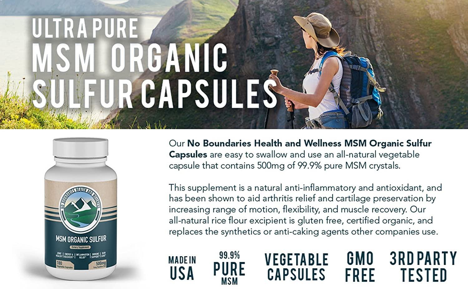 500mg MSM Organic Sulfur Capsules by No Boundaries Health and Wellness